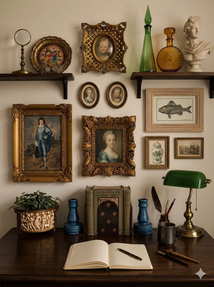 A collector's study arranged with antique portraits, old-world glass, natural-history art, books, and a green banker’s lamp.