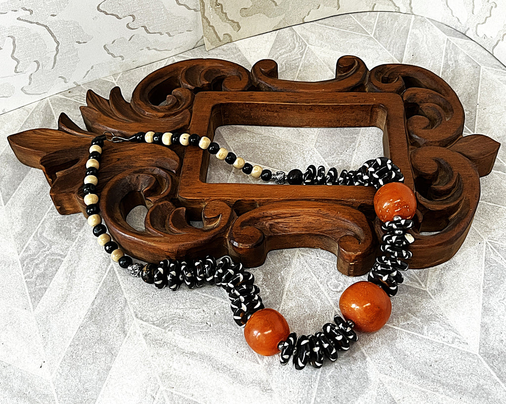 Jewellery: Antique 1920s–1940s African Trade Resin Statement Necklace with Hand-Dyed Batik Bone Spacer Disks