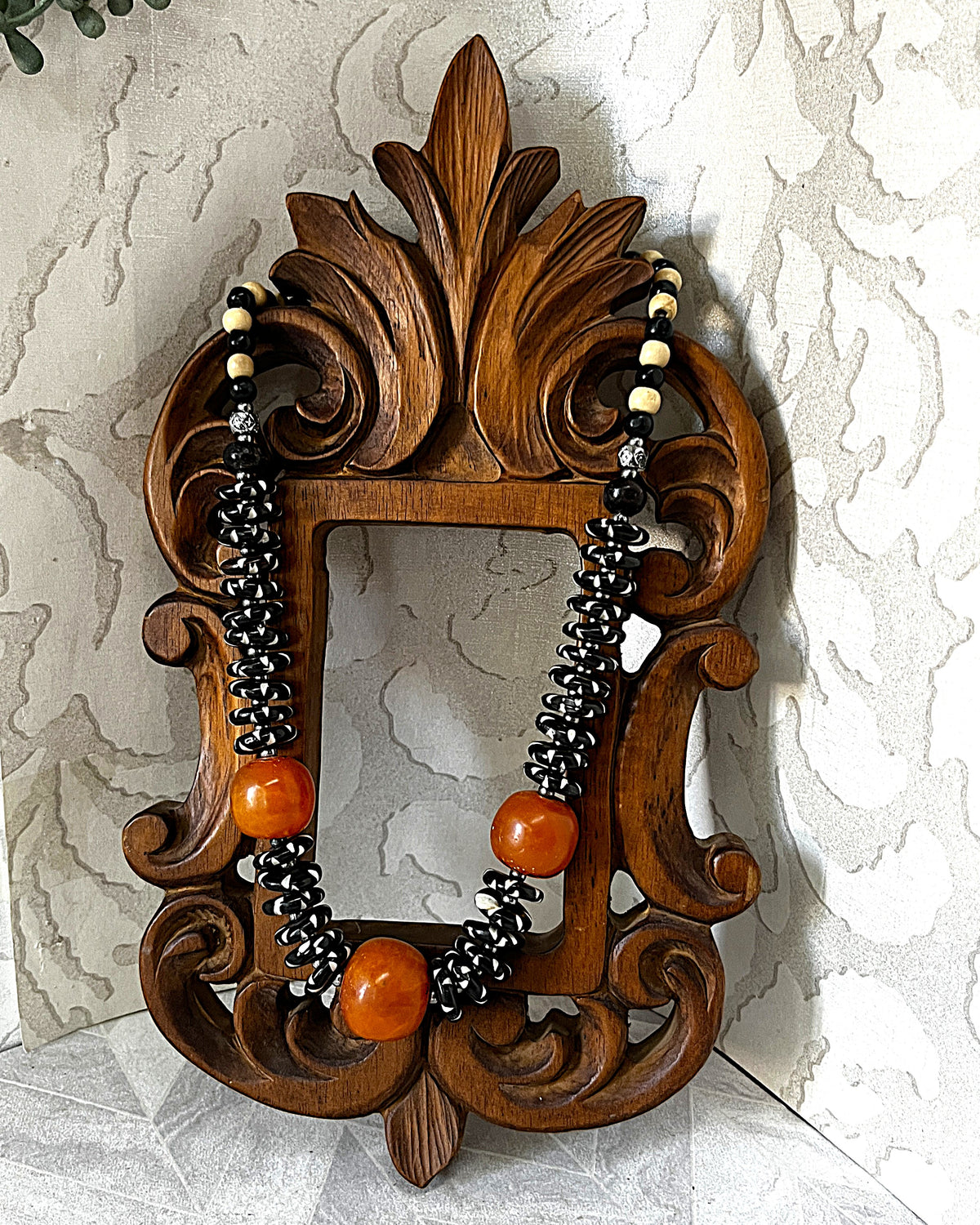 Jewellery: Antique 1920s–1940s African Trade Resin Statement Necklace with Hand-Dyed Batik Bone Spacer Disks