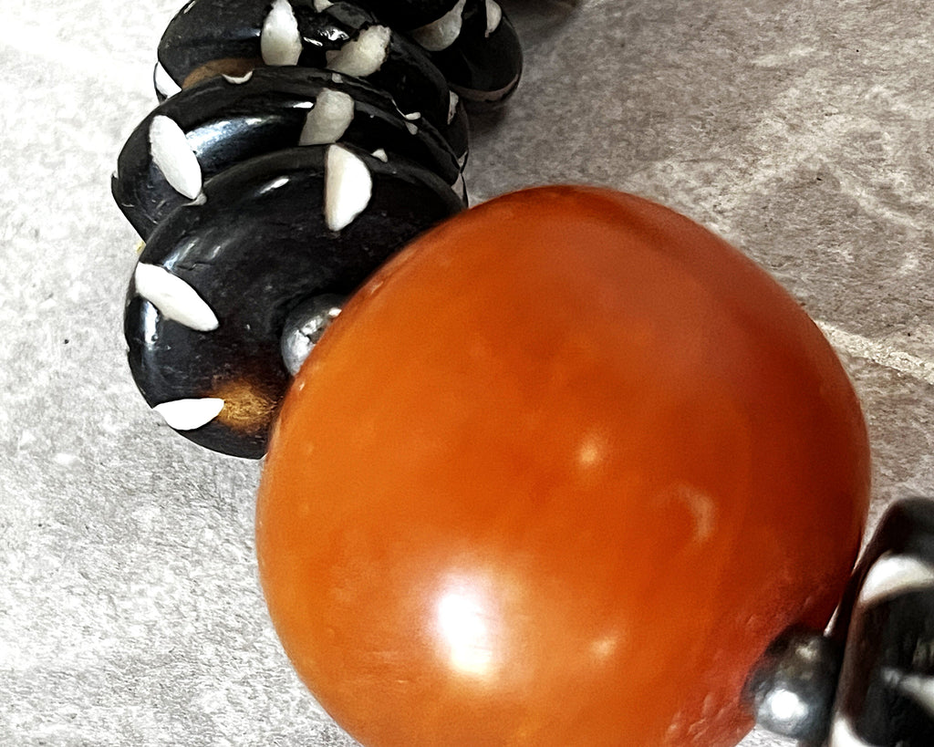 Jewellery: Antique 1920s–1940s African Trade Resin Statement Necklace with Hand-Dyed Batik Bone Spacer Disks