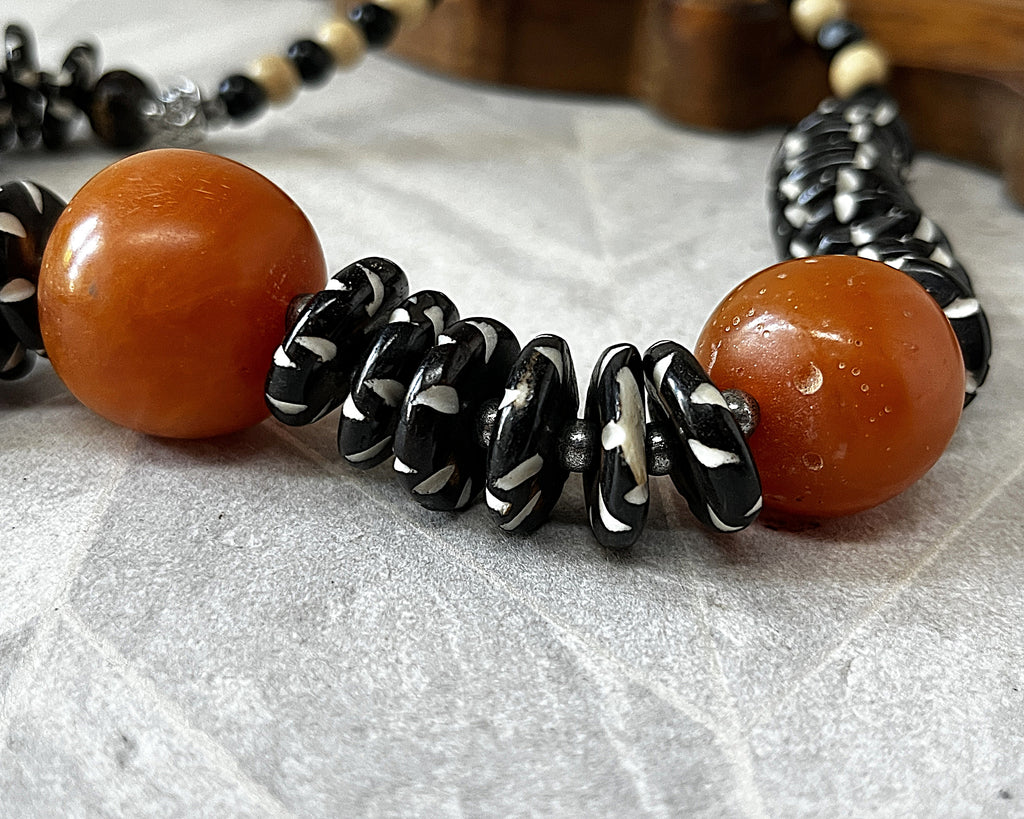 Jewellery: Antique 1920s–1940s African Trade Resin Statement Necklace with Hand-Dyed Batik Bone Spacer Disks