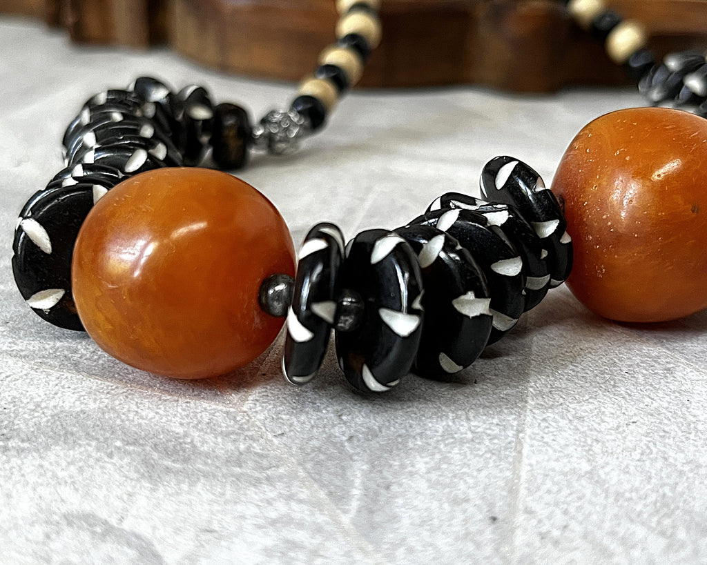 Jewellery: Antique 1920s–1940s African Trade Resin Statement Necklace with Hand-Dyed Batik Bone Spacer Disks