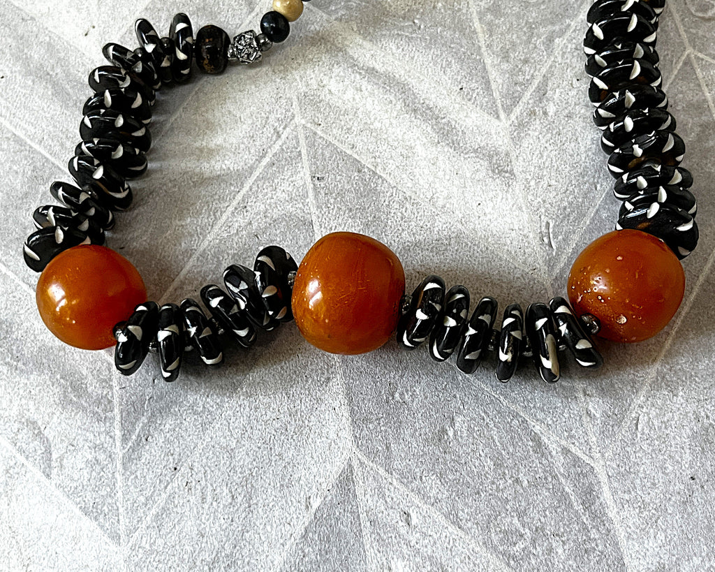 Jewellery: Antique 1920s–1940s African Trade Resin Statement Necklace with Hand-Dyed Batik Bone Spacer Disks