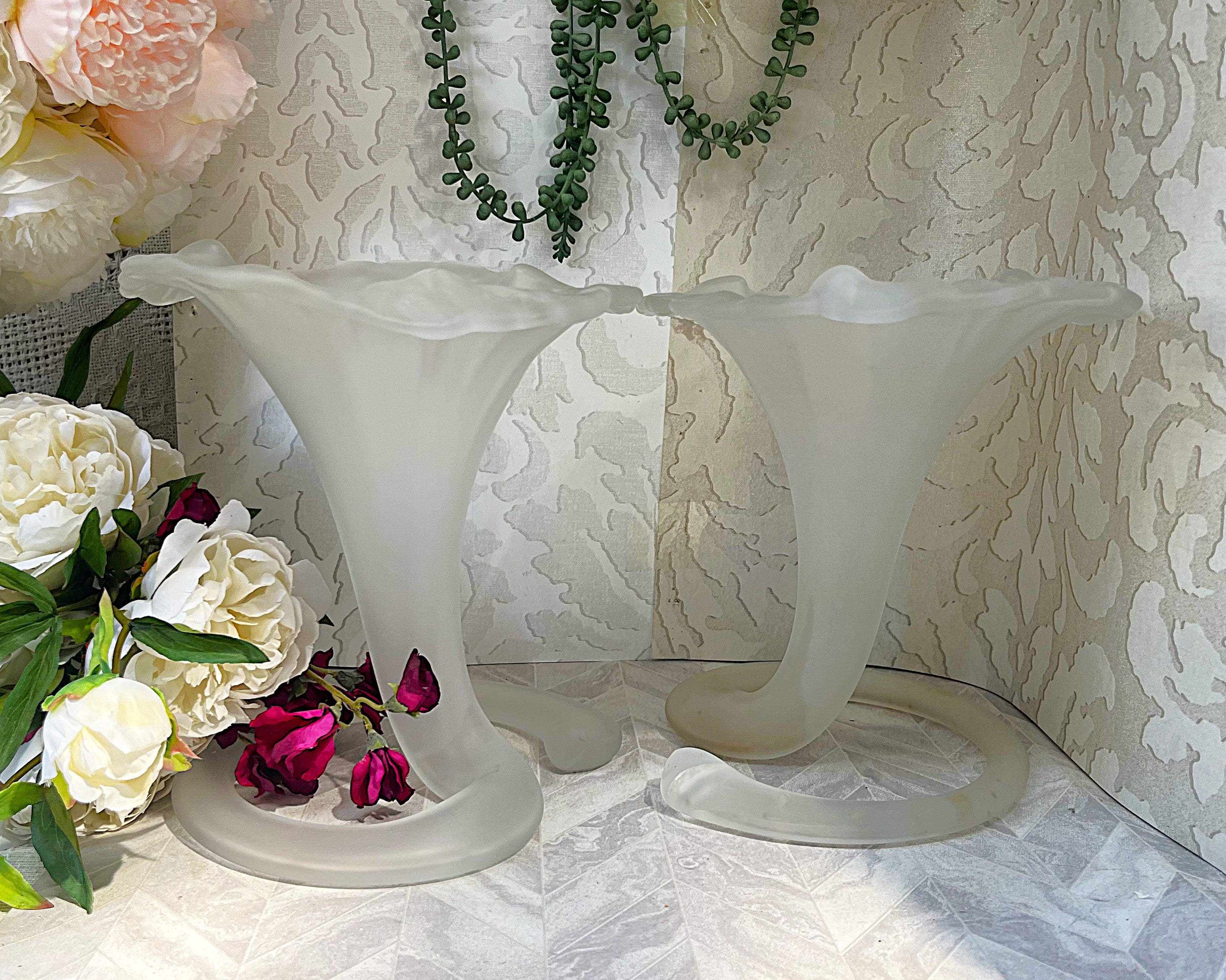 Vases: Stiver Italy Frosted Art Glass "Lily Calyx" Trumpet Vase, Pair