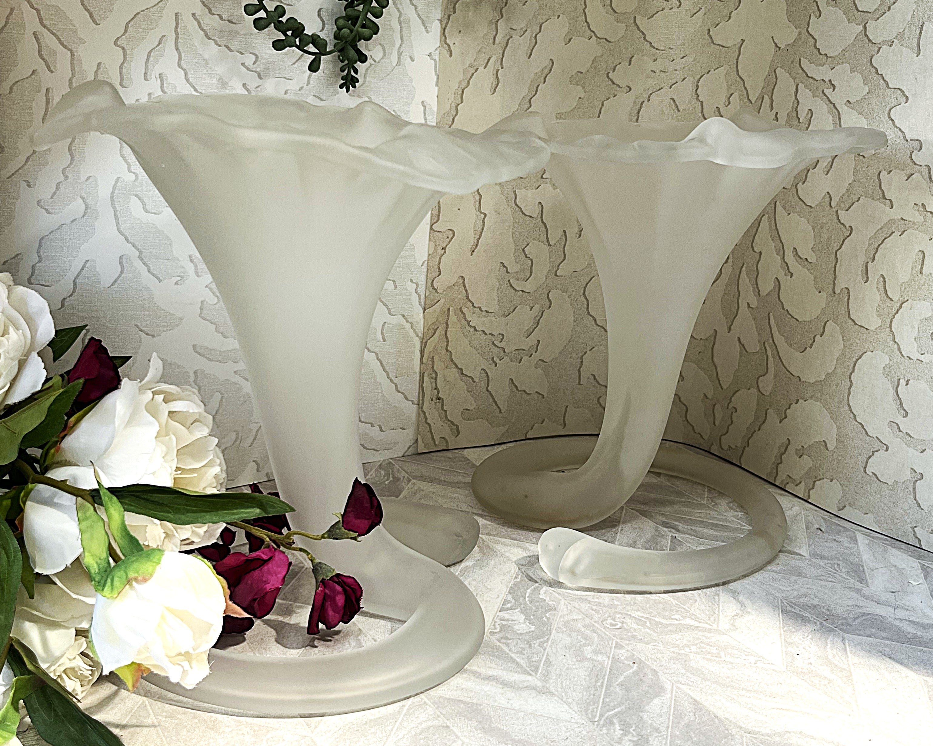 Vases: Stiver Italy Frosted Art Glass "Lily Calyx" Trumpet Vase, Pair