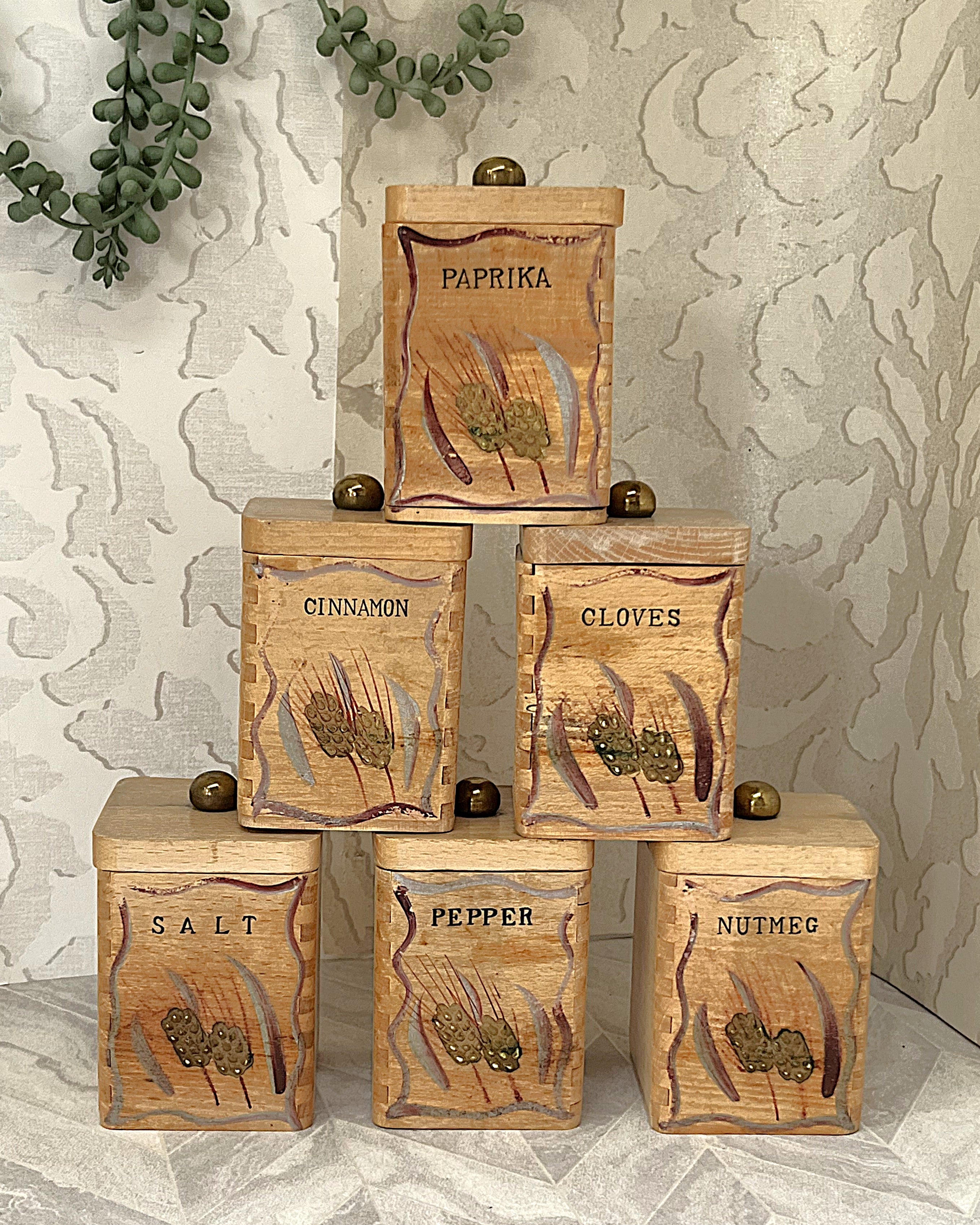 Storage: Hand-Painted Beechwood Spice Canister Set, 6 Pieces