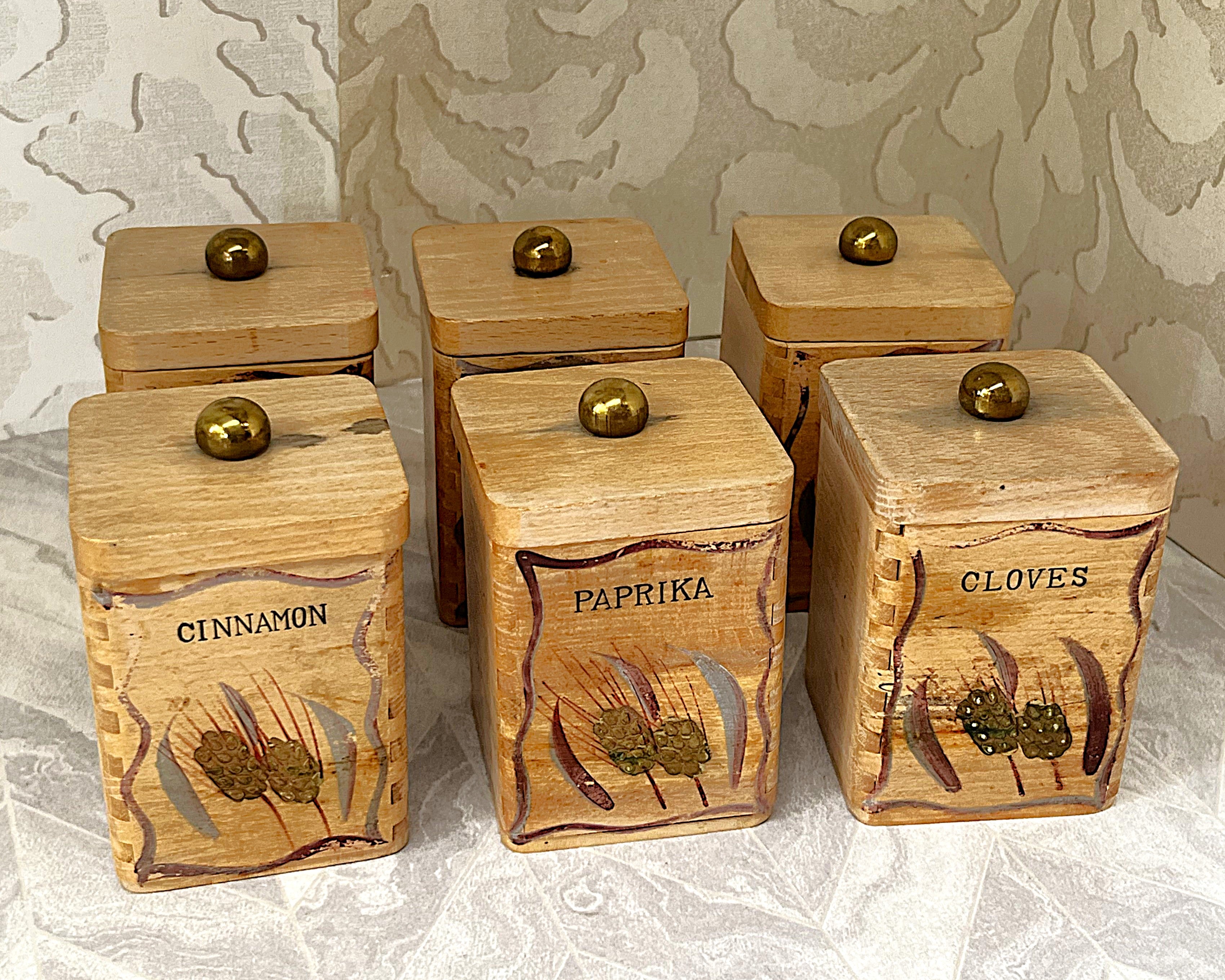 Storage: Hand-Painted Beechwood Spice Canister Set, 6 Pieces