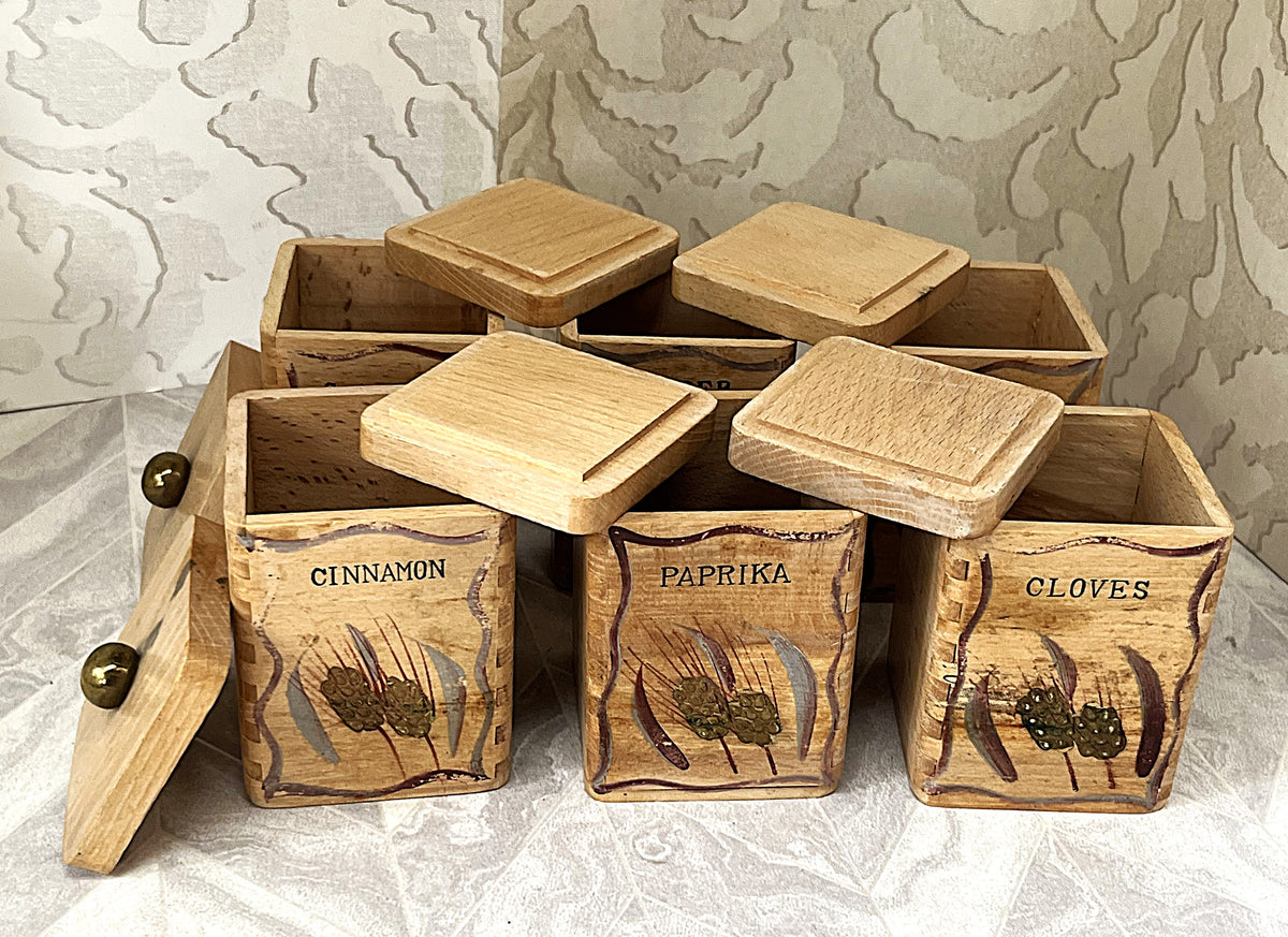 Storage: Hand-Painted Beechwood Spice Canister Set, 6 Pieces