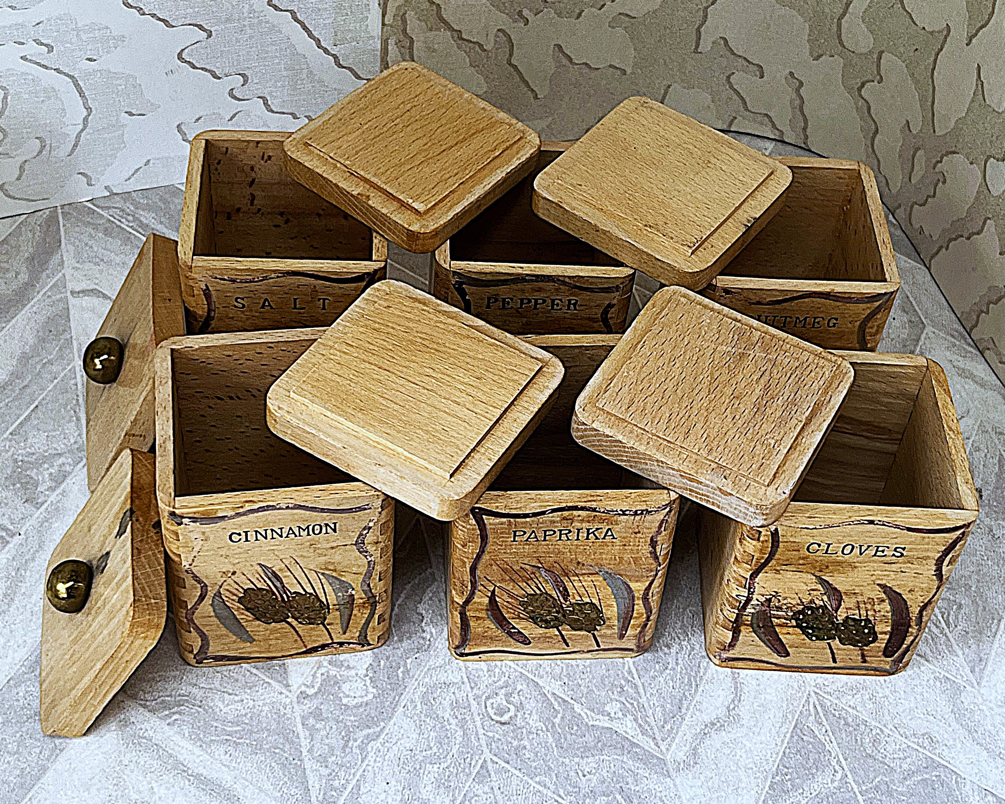 Storage: Hand-Painted Beechwood Spice Canister Set, 6 Pieces