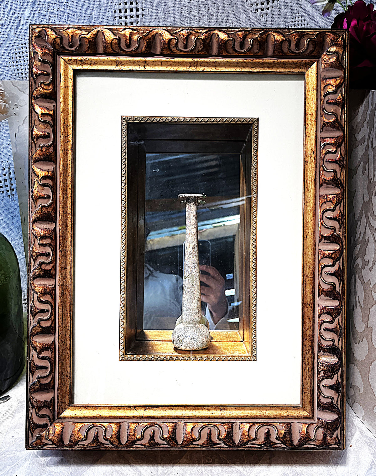 Antiquities: Framed Blown Glass Unguentarium, Attributed Roman c.1st–3rd Century AD
