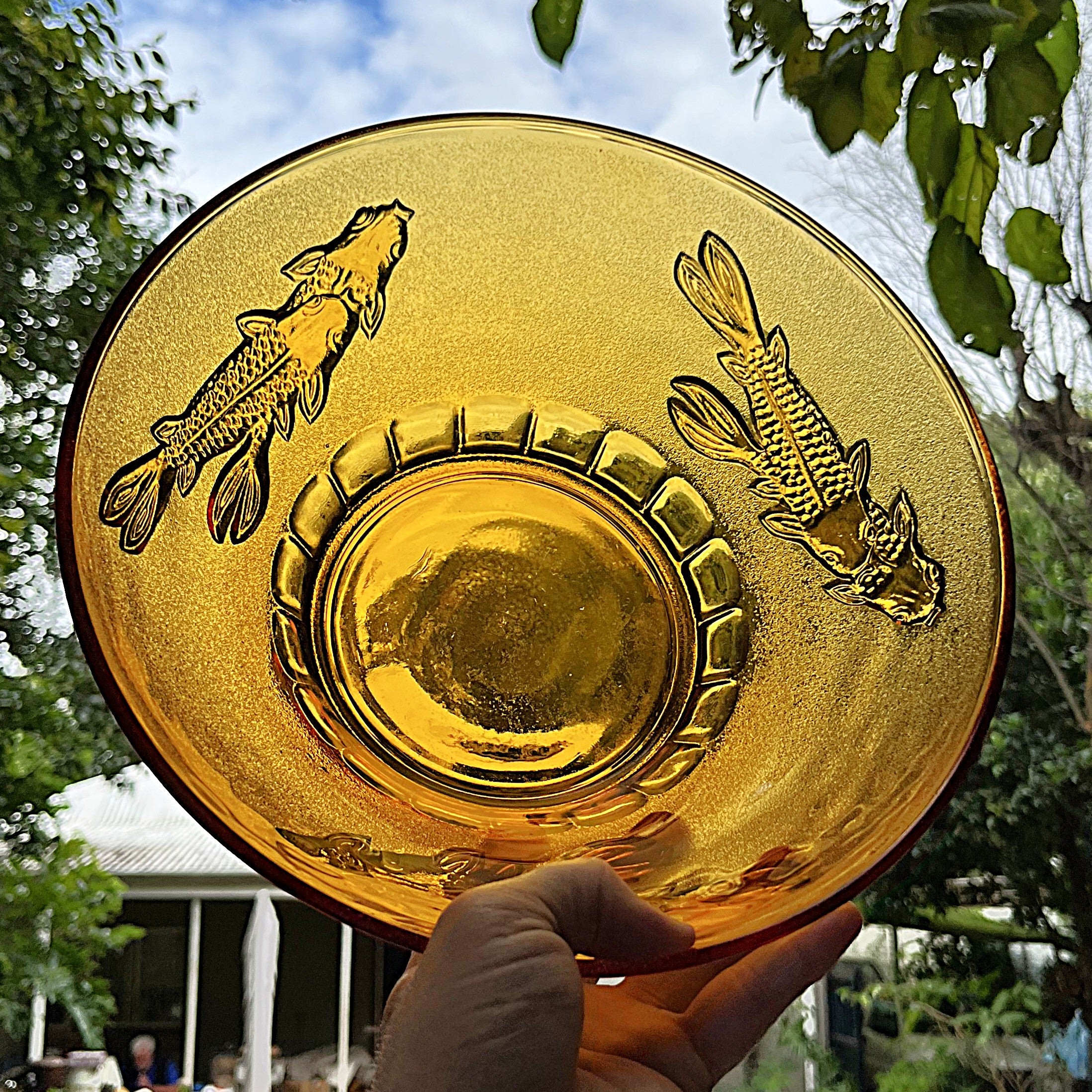 Coloured Glass: KIG Amber Glass Salad Bowl, Koi Fish