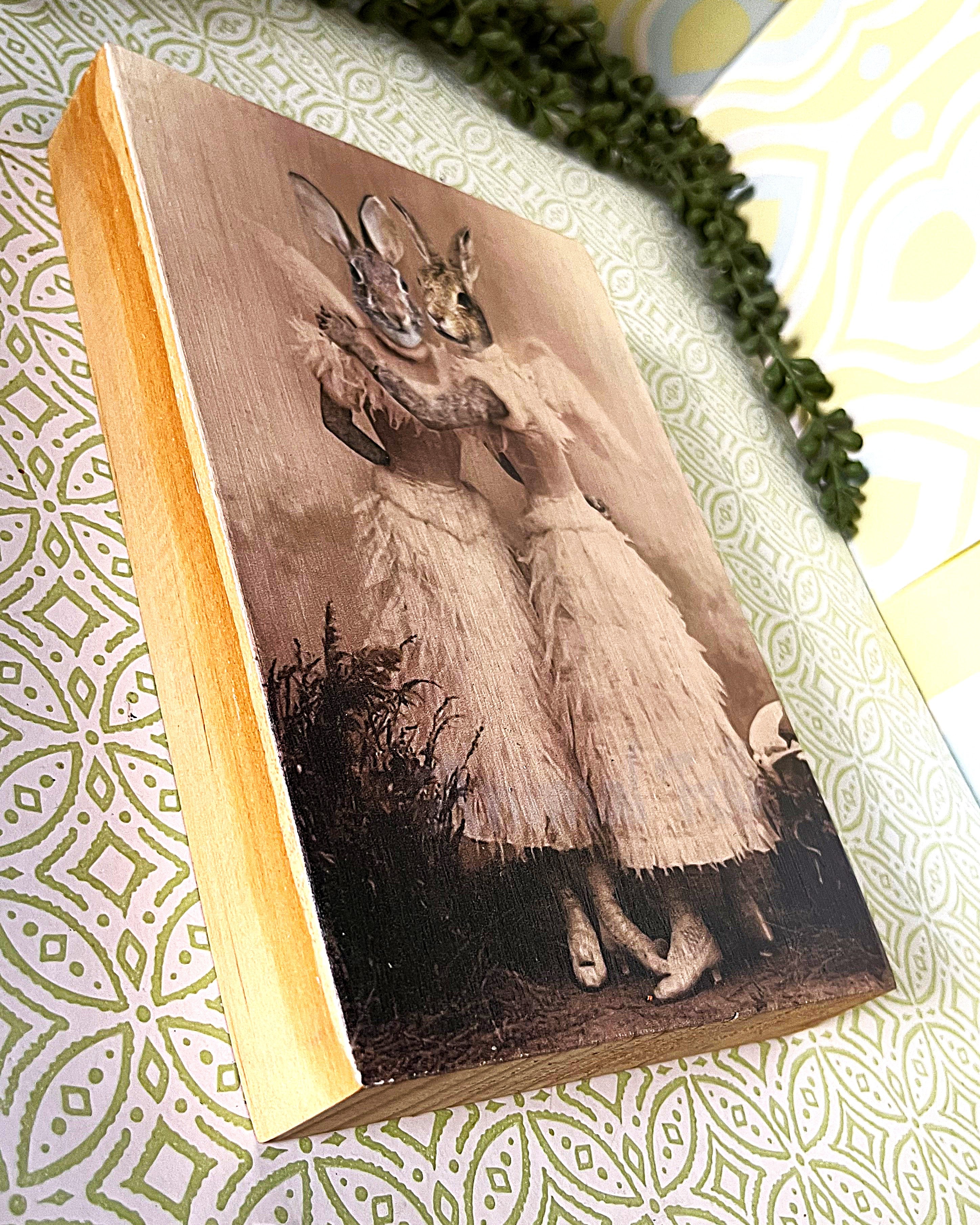 Bookshelf Art: Noctropolis "Angel Rabbit Sisters" Altered Art Wood Block
