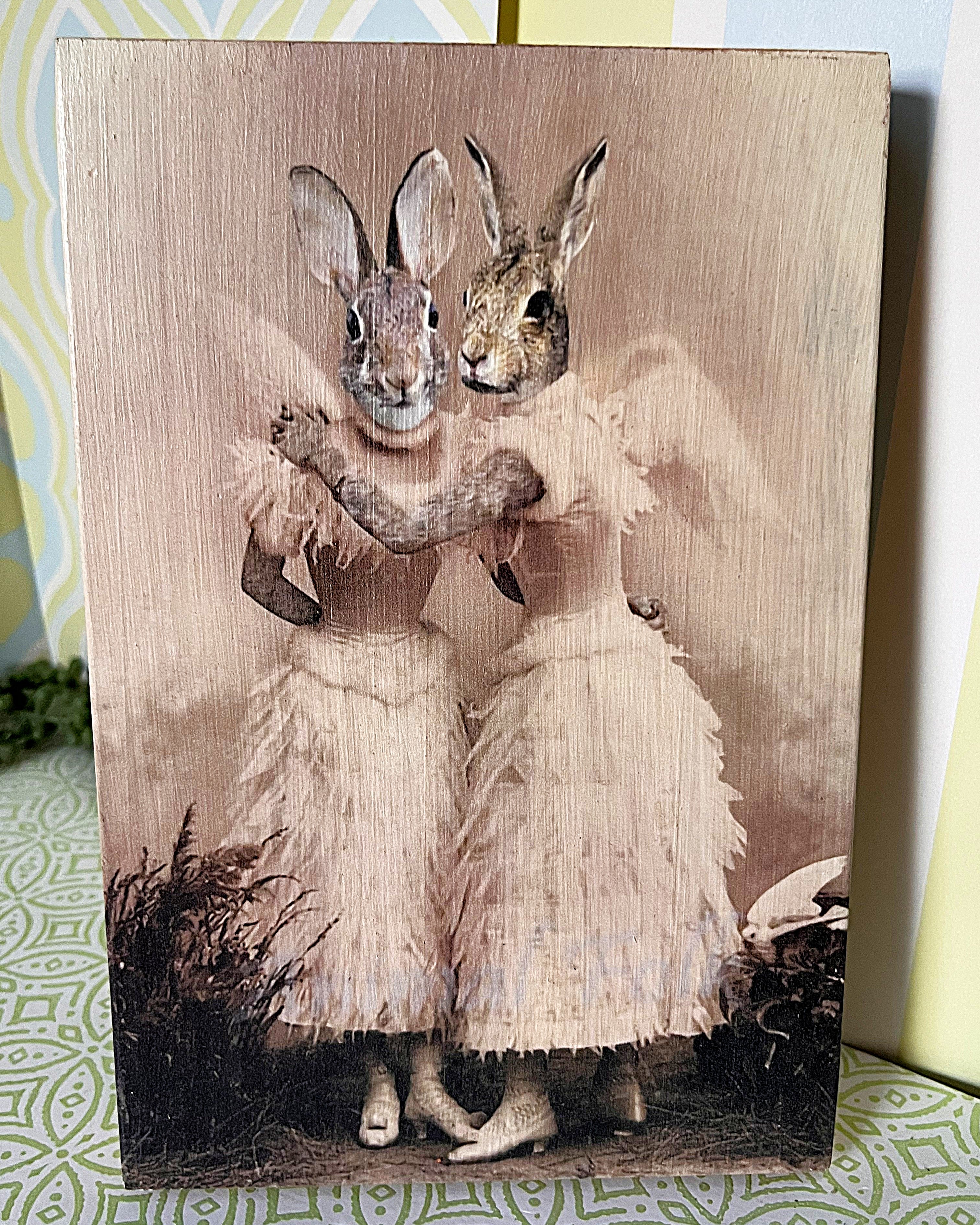 Bookshelf Art: Noctropolis "Angel Rabbit Sisters" Altered Art Wood Block