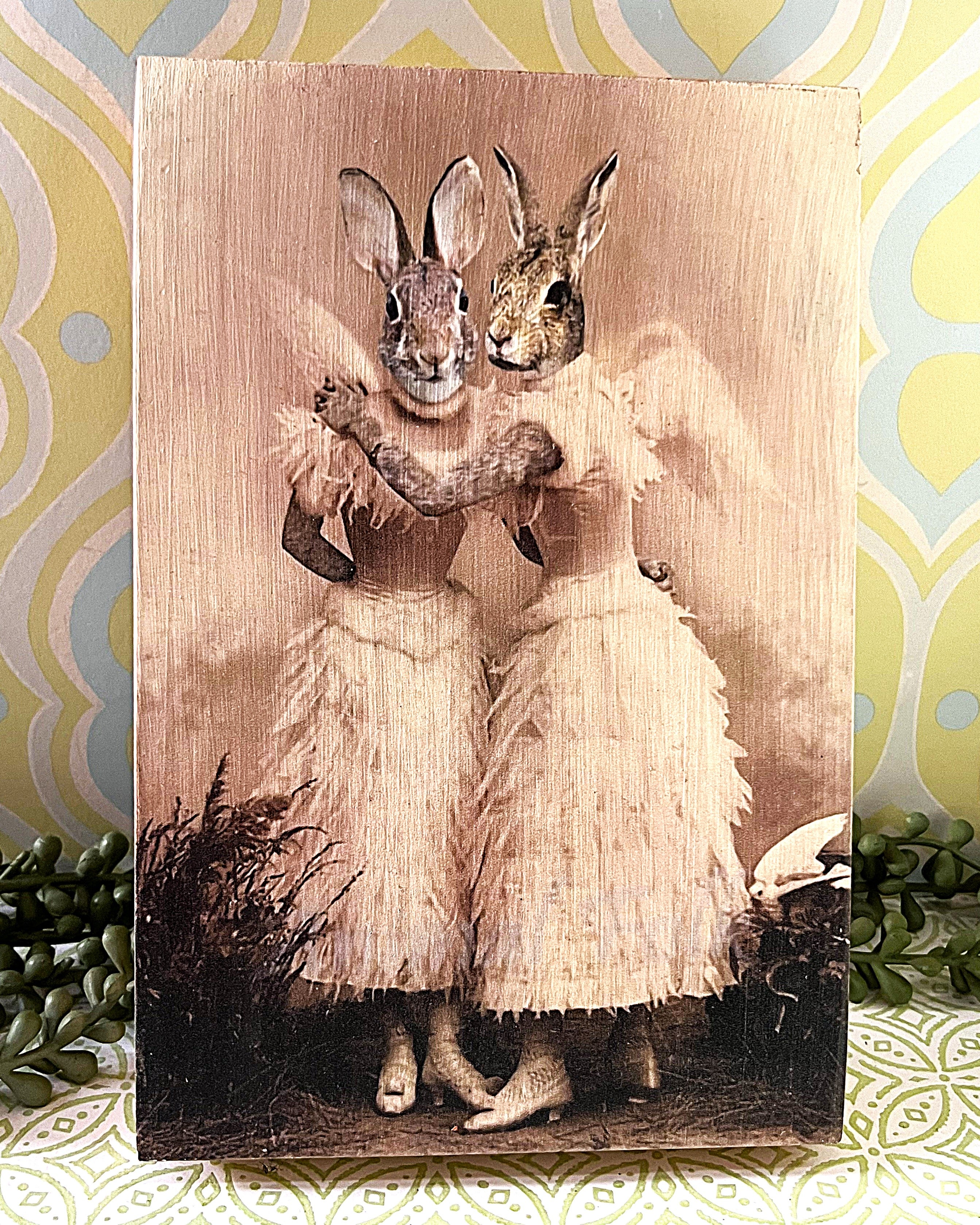 Bookshelf Art: Noctropolis "Angel Rabbit Sisters" Altered Art Wood Block