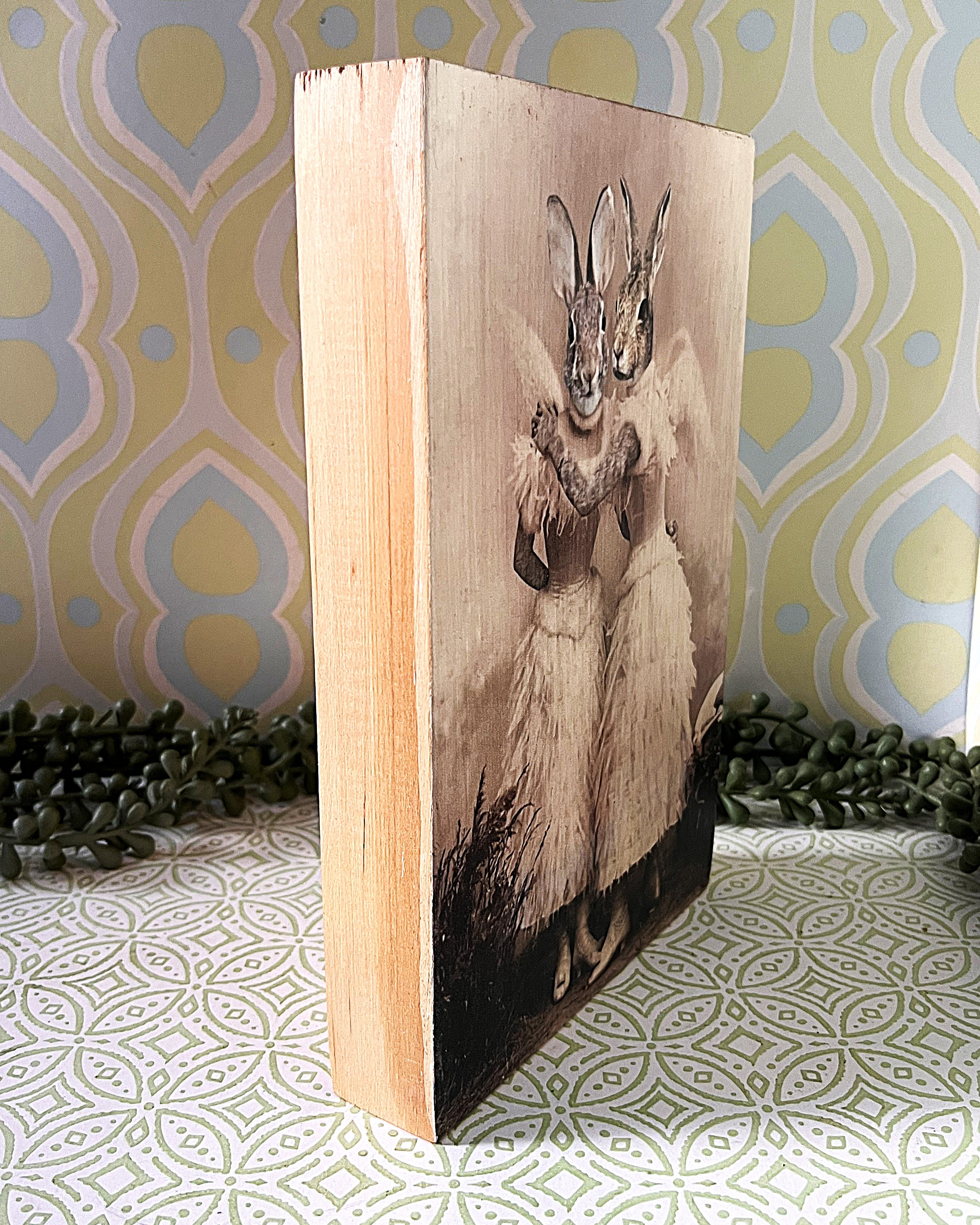 Bookshelf Art: Noctropolis "Angel Rabbit Sisters" Altered Art Wood Block