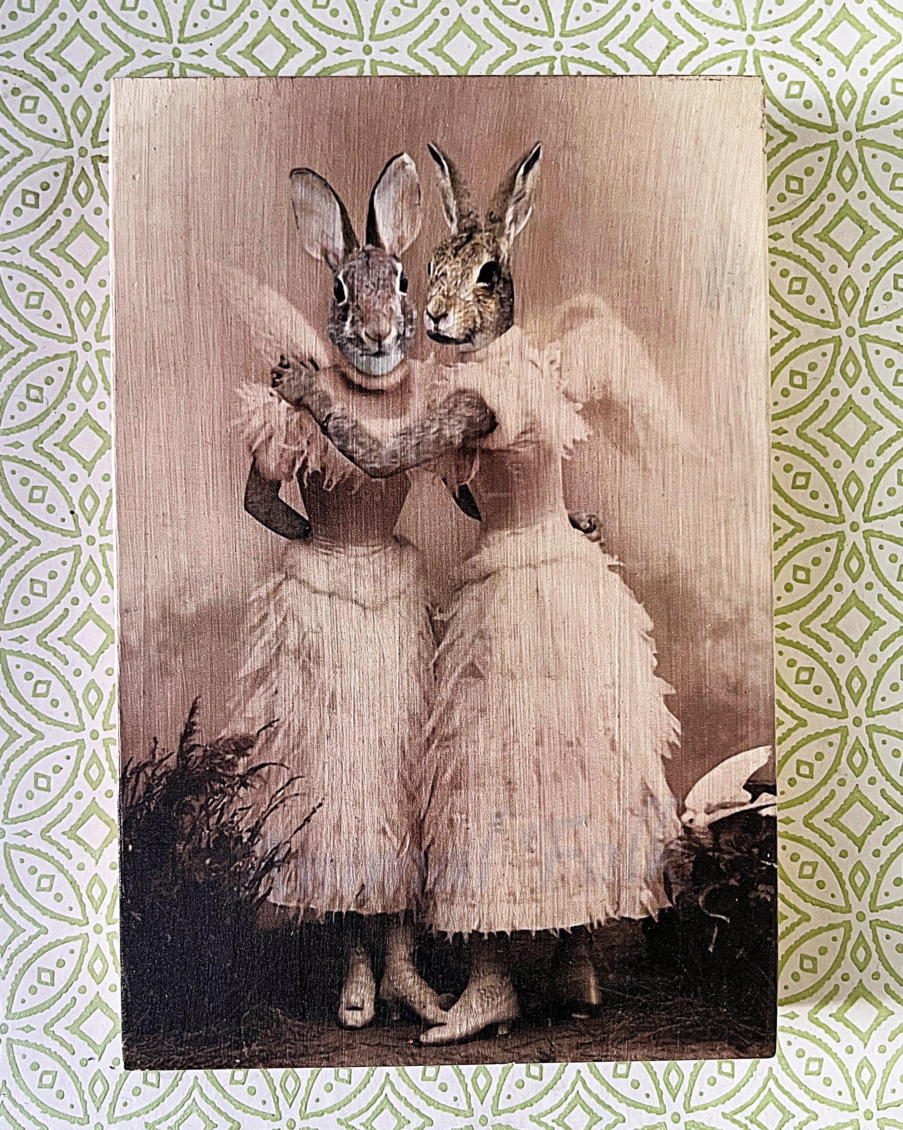 Bookshelf Art: Noctropolis "Angel Rabbit Sisters" Altered Art Wood Block