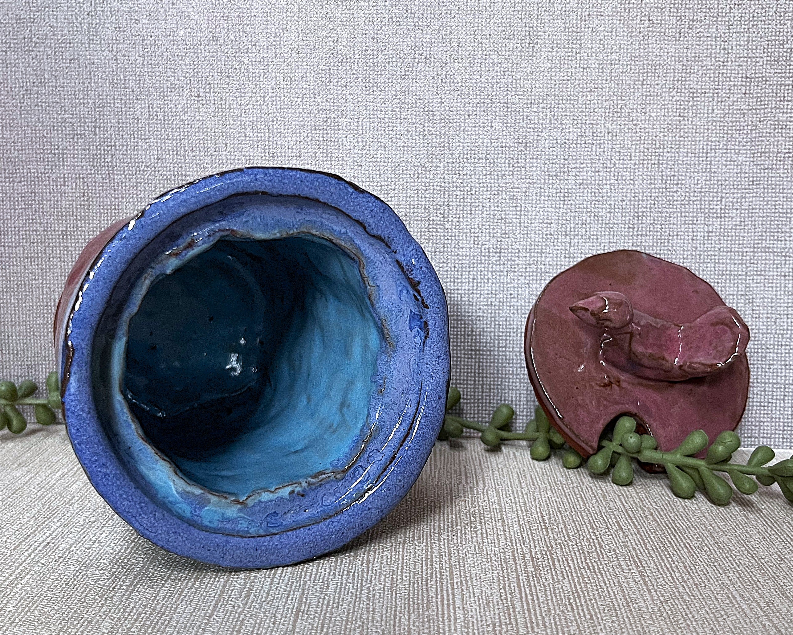 Studio Pottery: Two-Tone Lidded Bowl Blue Mauve