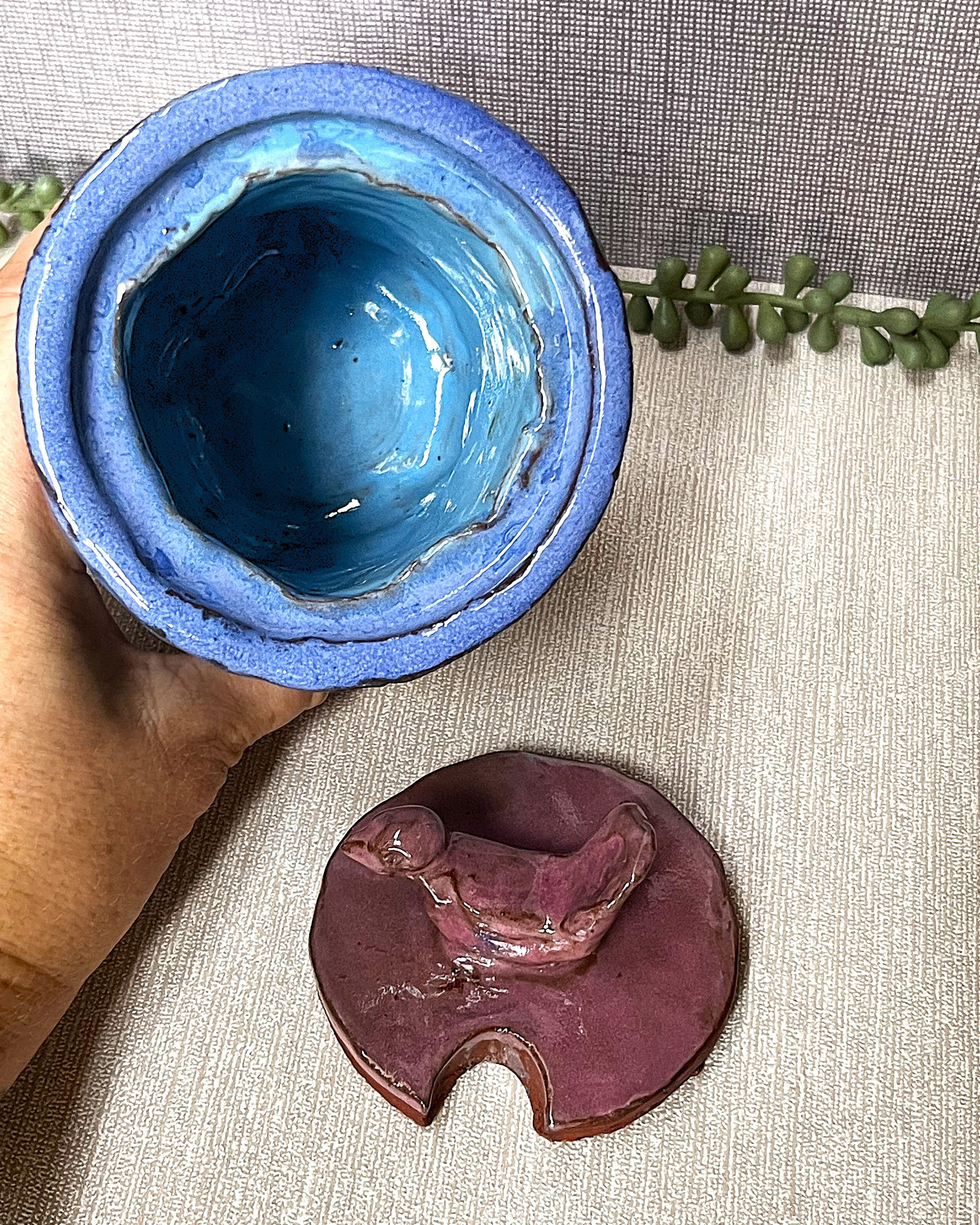 Studio Pottery: Two-Tone Lidded Bowl Blue Mauve