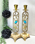 Candleholders: Pair of Brass and Marble Peacock Candlesticks