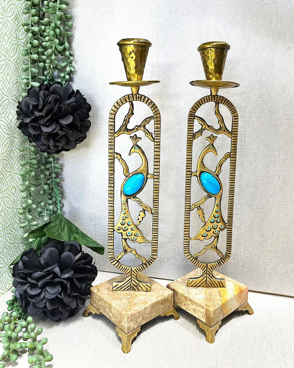 Candleholders: Pair of Brass and Marble Peacock Candlesticks