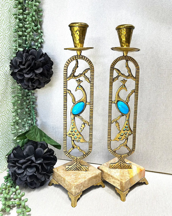 Candleholders: Pair of Brass and Marble Peacock Candlesticks
