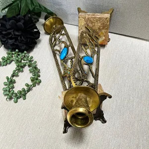 Candleholders: Pair of Brass and Marble Peacock Candlesticks