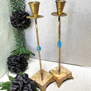 Candleholders: Pair of Brass and Marble Peacock Candlesticks