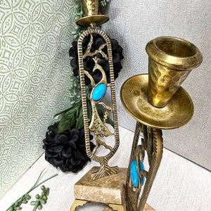 Candleholders: Pair of Brass and Marble Peacock Candlesticks