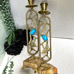 Candleholders: Pair of Brass and Marble Peacock Candlesticks