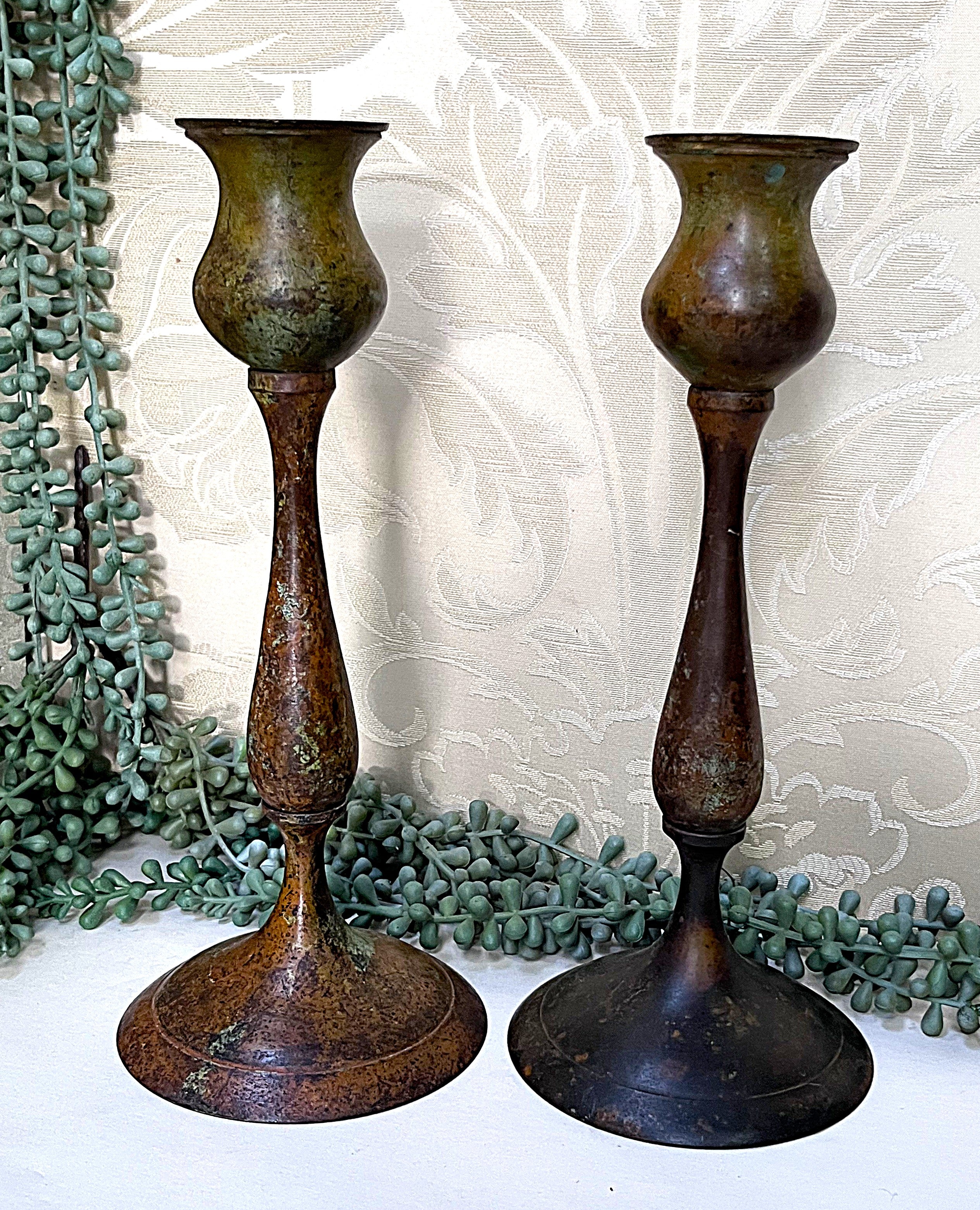 Candleholders: Pair of Verdigris Candle Holders