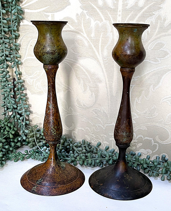 Candleholders: Pair of Verdigris Candle Holders