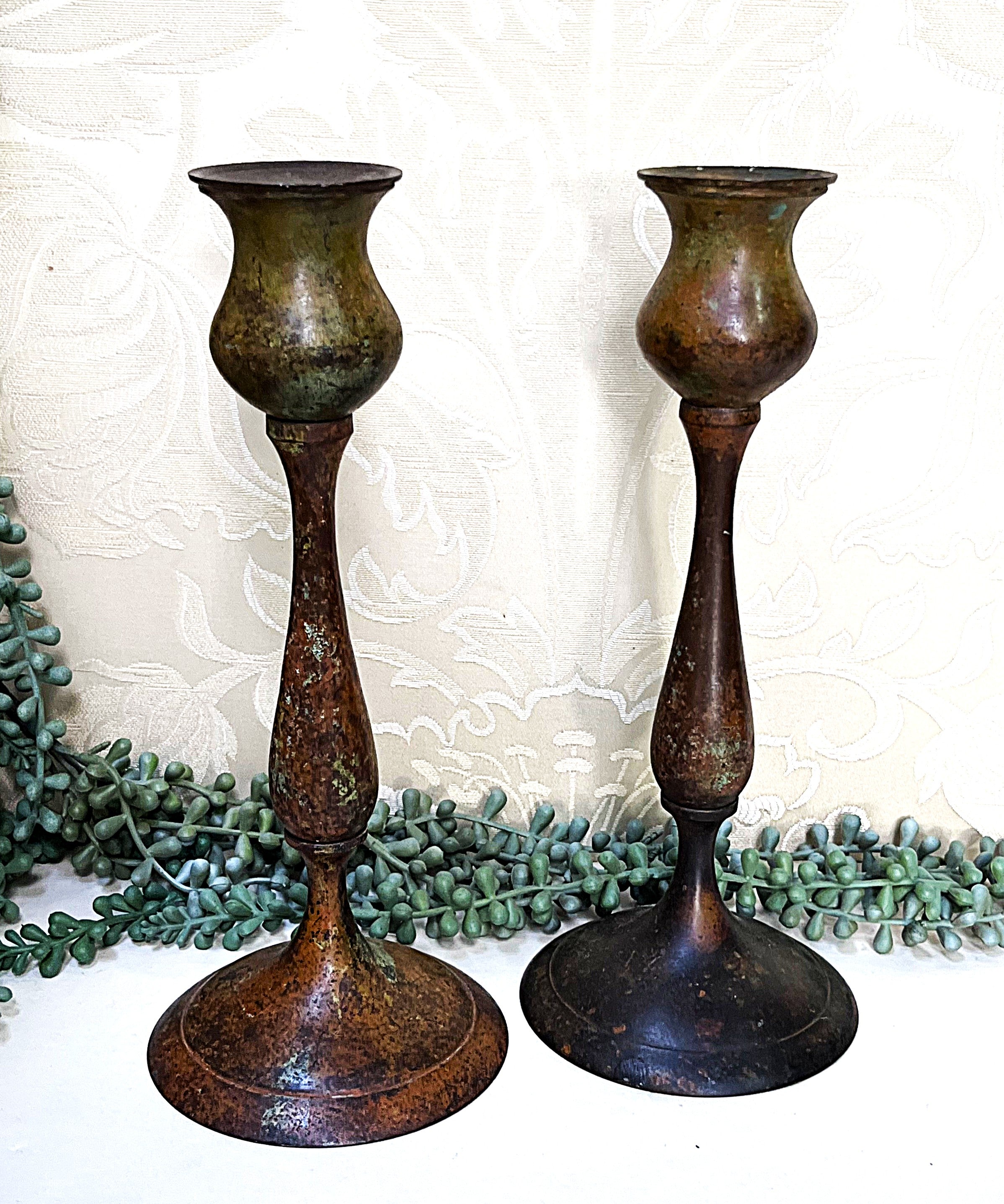 Candleholders: Pair of Verdigris Candle Holders