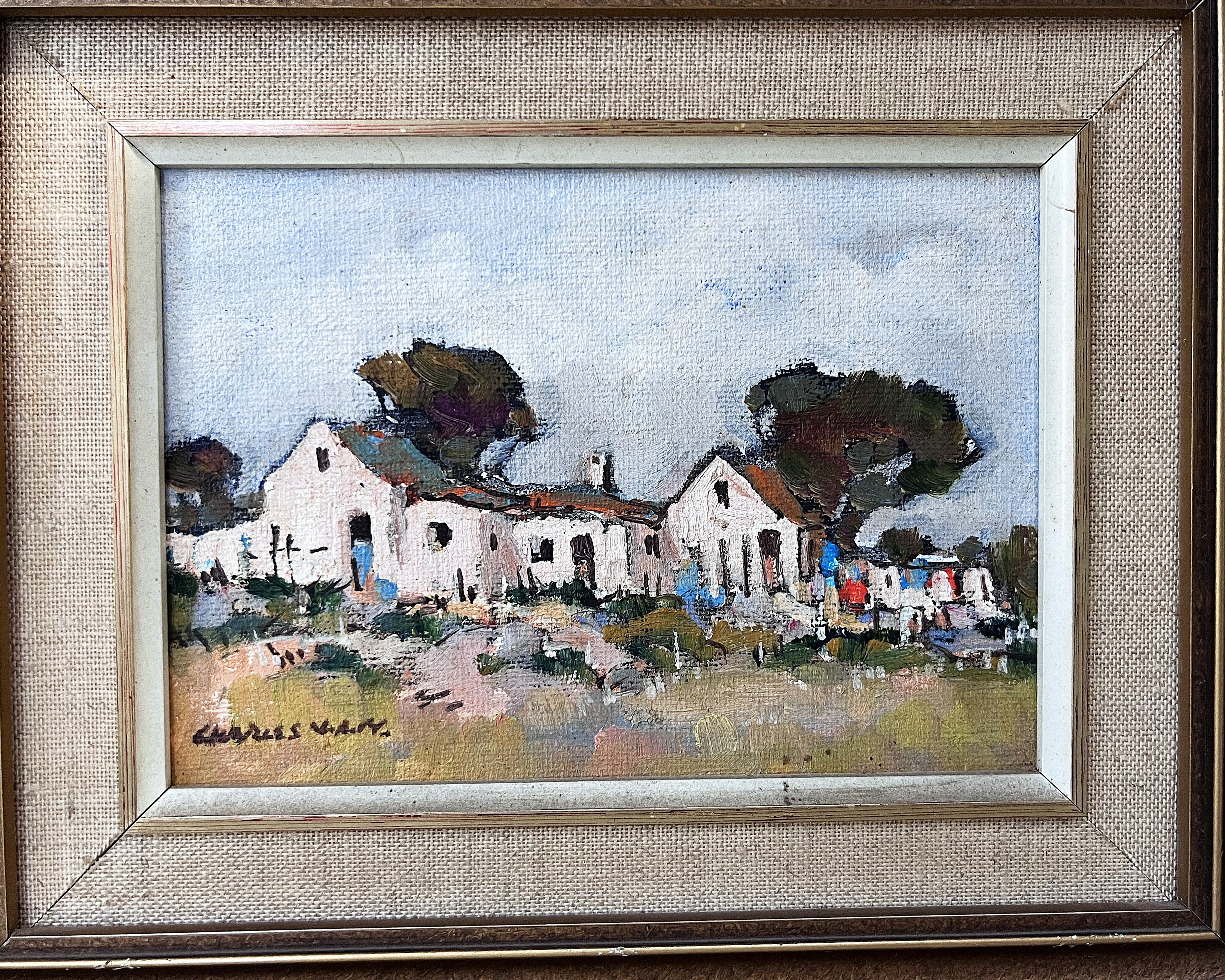 Wall Art: Impressionist South African Country Homestead Oil Painting by Charles van der Merwe, 1980s
