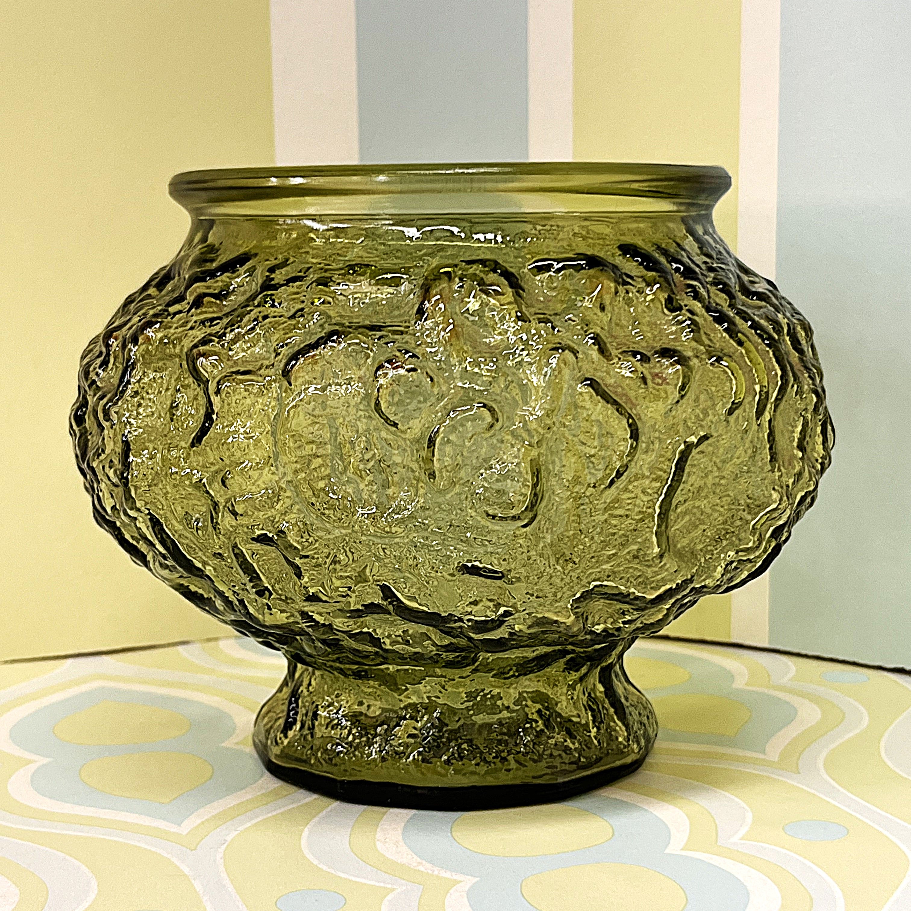 Vases: E.O. Brody Avocado Green Crinkle Glass Pedestal Bowl Vase