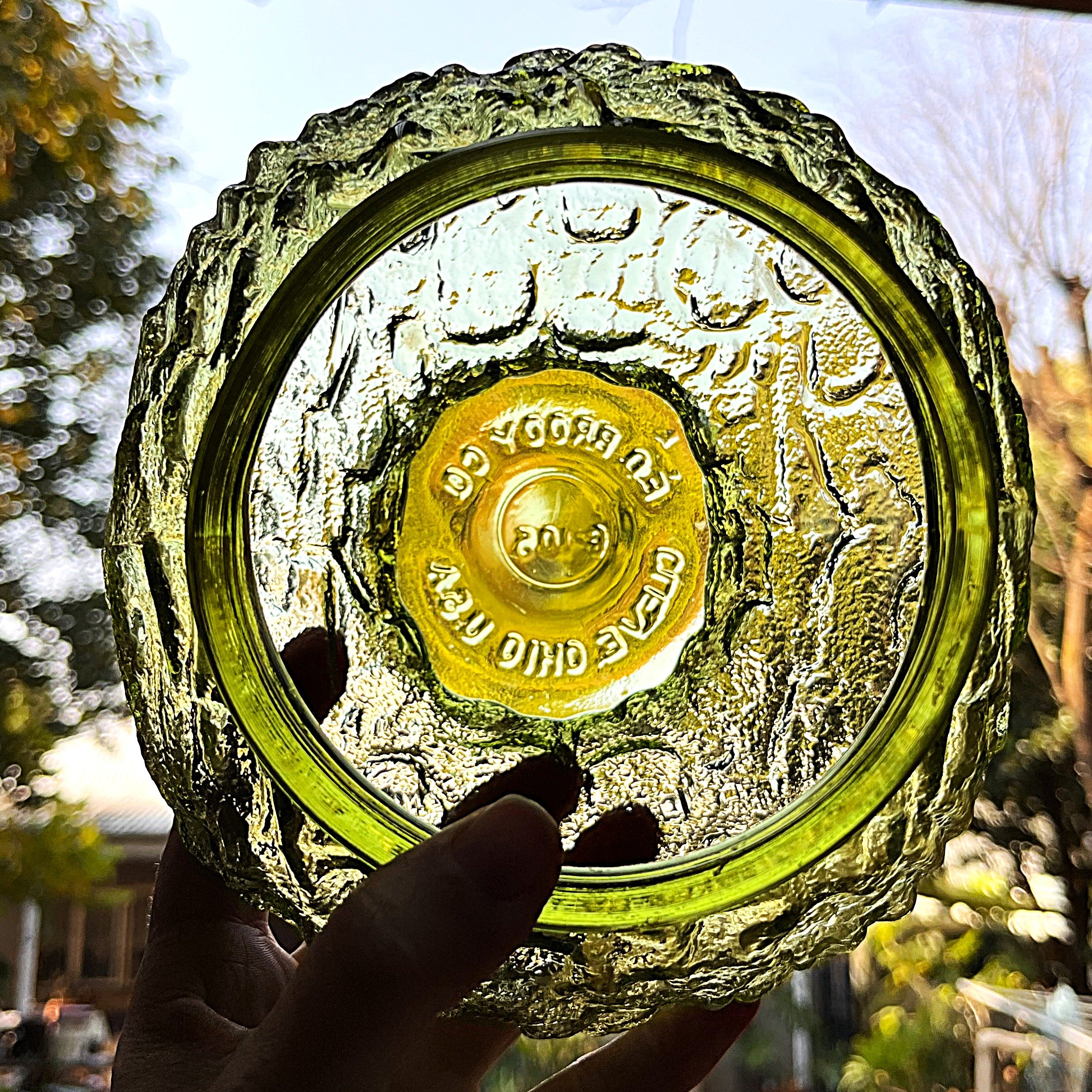 Vases: E.O. Brody Avocado Green Crinkle Glass Pedestal Bowl Vase