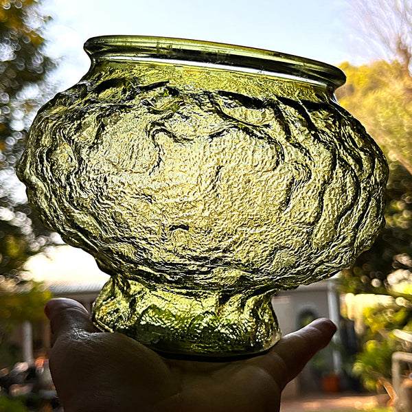 Vases: E.O. Brody Avocado Green Crinkle Glass Pedestal Bowl Vase
