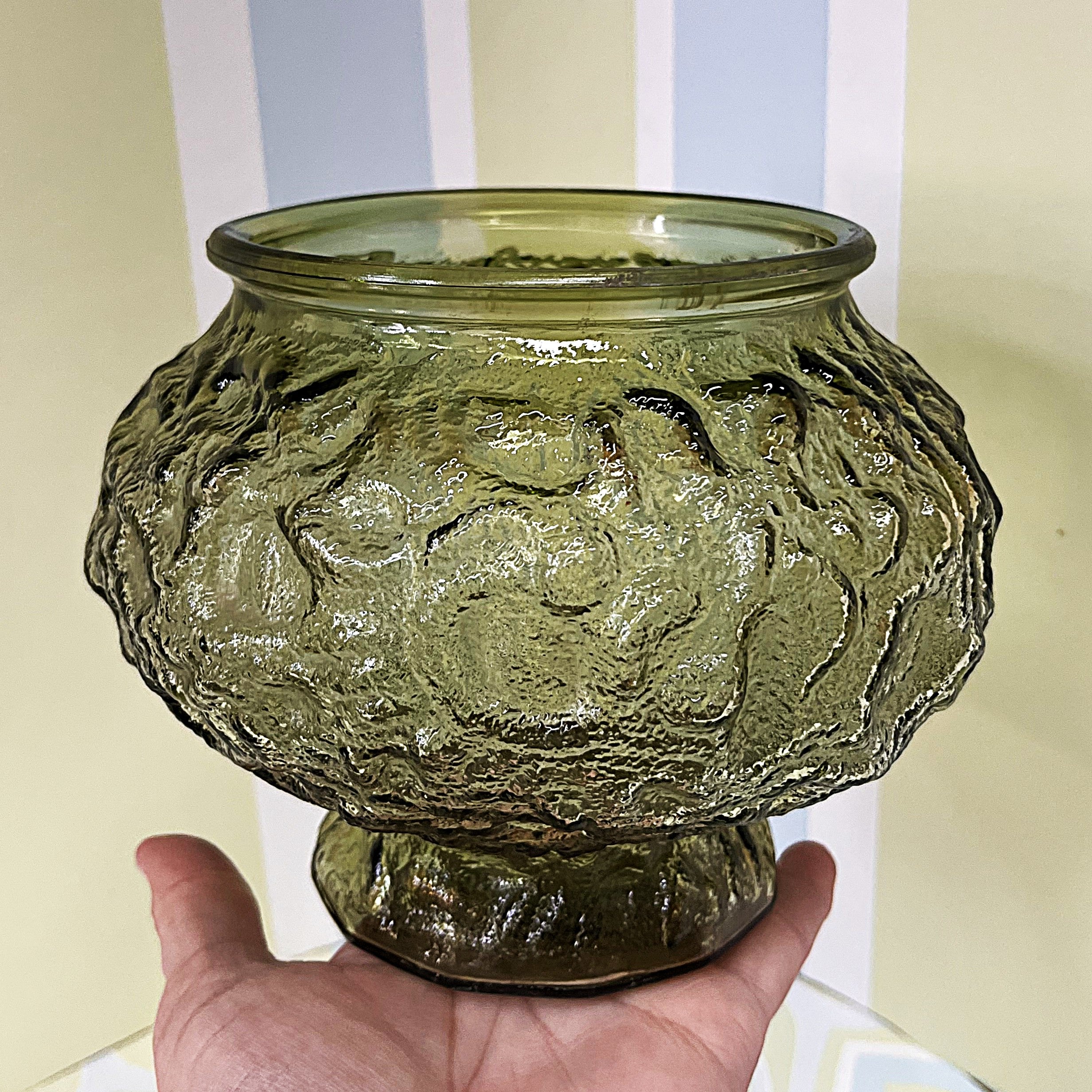 Vases: E.O. Brody Avocado Green Crinkle Glass Pedestal Bowl Vase