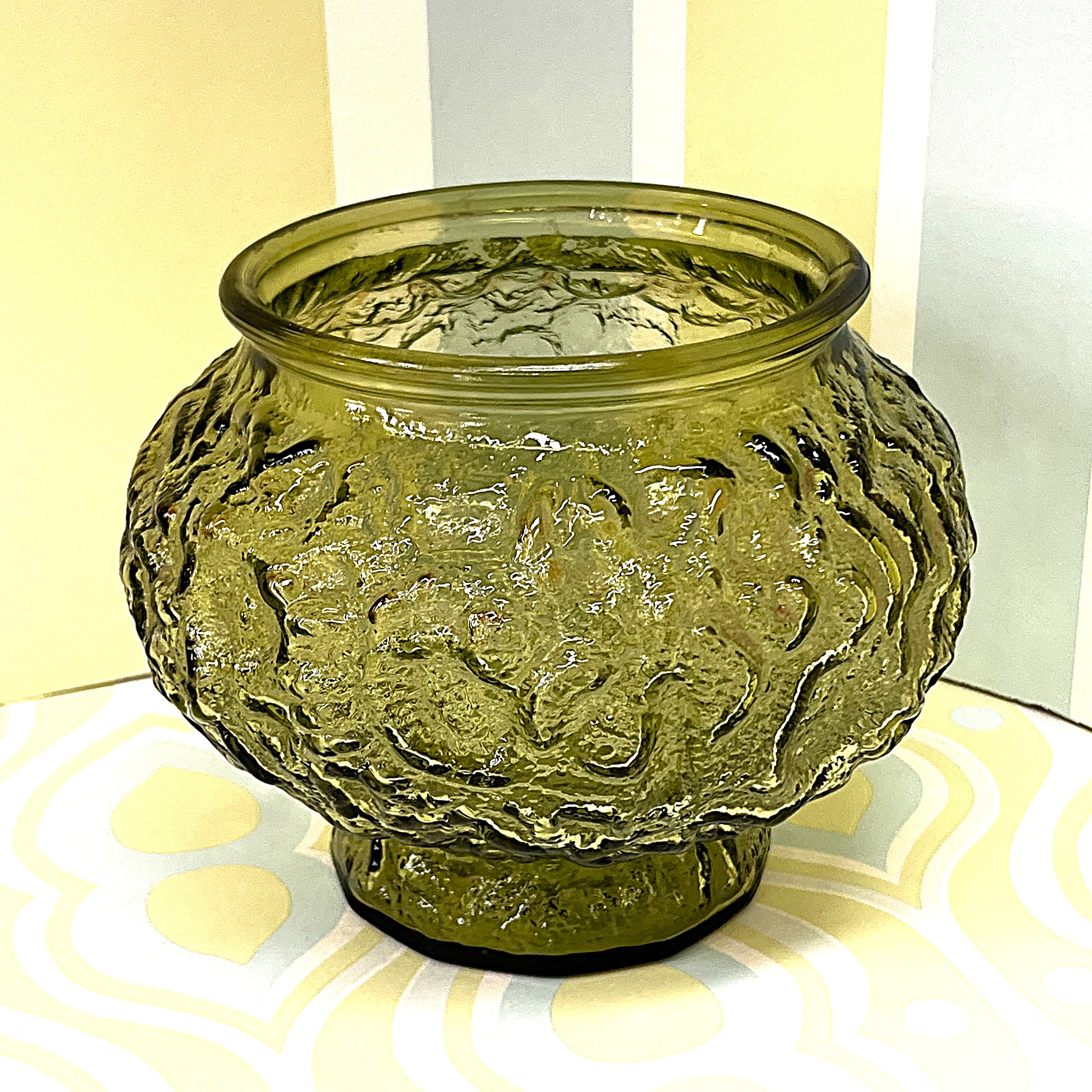 Vases: E.O. Brody Avocado Green Crinkle Glass Pedestal Bowl Vase