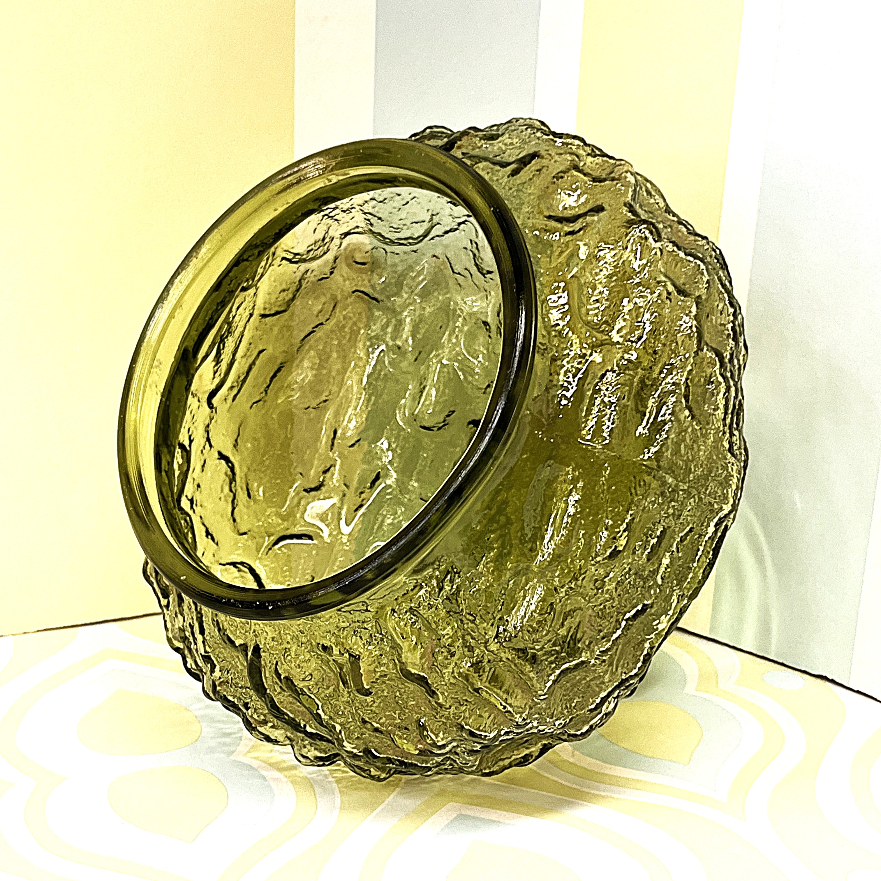 Vases: E.O. Brody Avocado Green Crinkle Glass Pedestal Bowl Vase