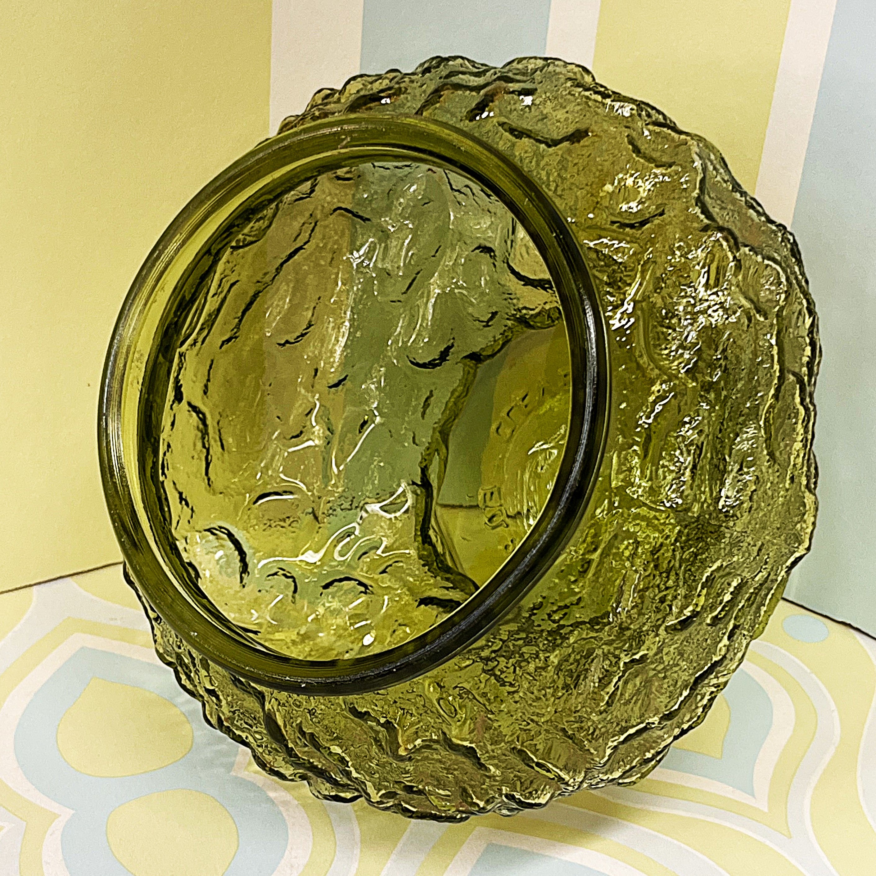 Vases: E.O. Brody Avocado Green Crinkle Glass Pedestal Bowl Vase