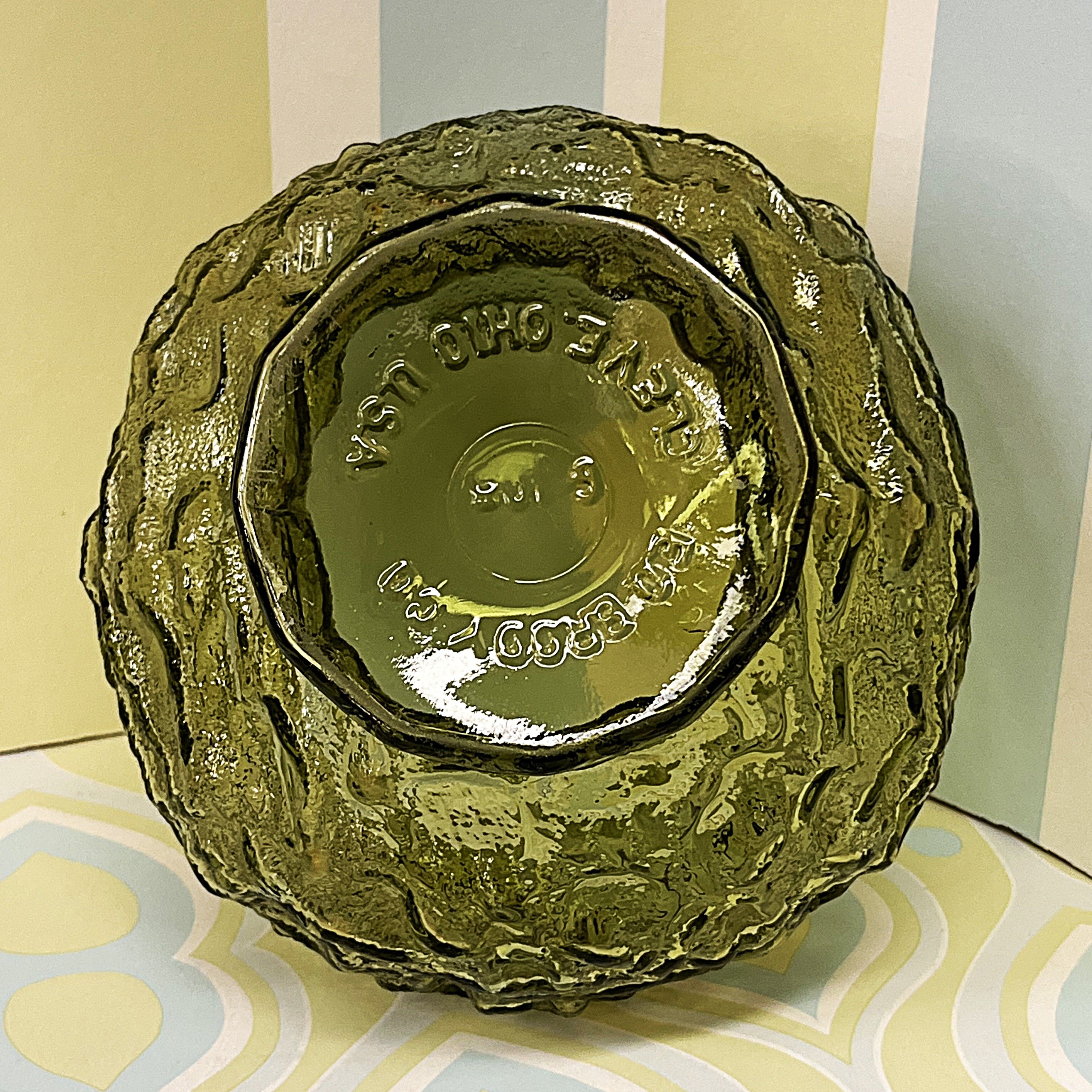 Vases: E.O. Brody Avocado Green Crinkle Glass Pedestal Bowl Vase
