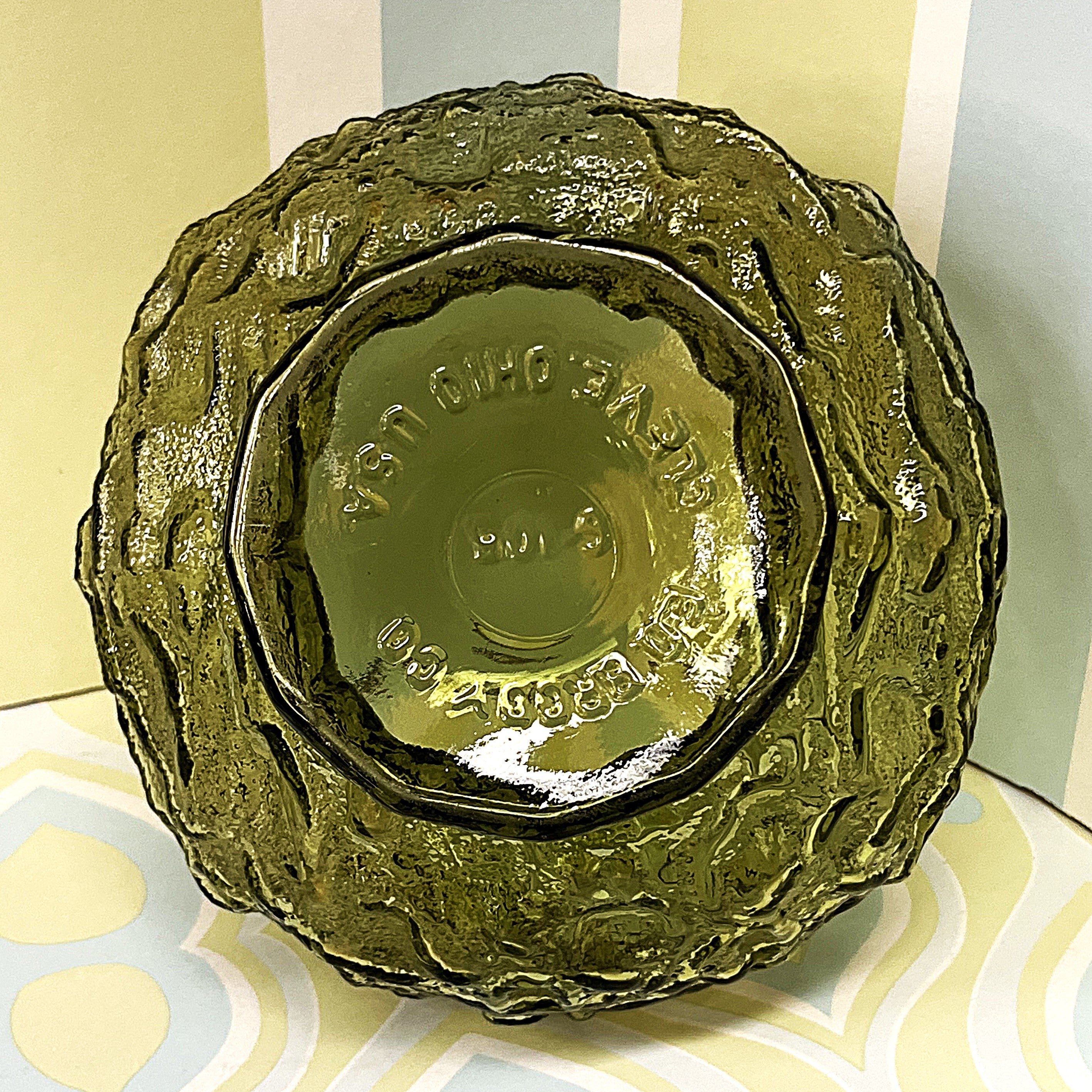 Vases: E.O. Brody Avocado Green Crinkle Glass Pedestal Bowl Vase