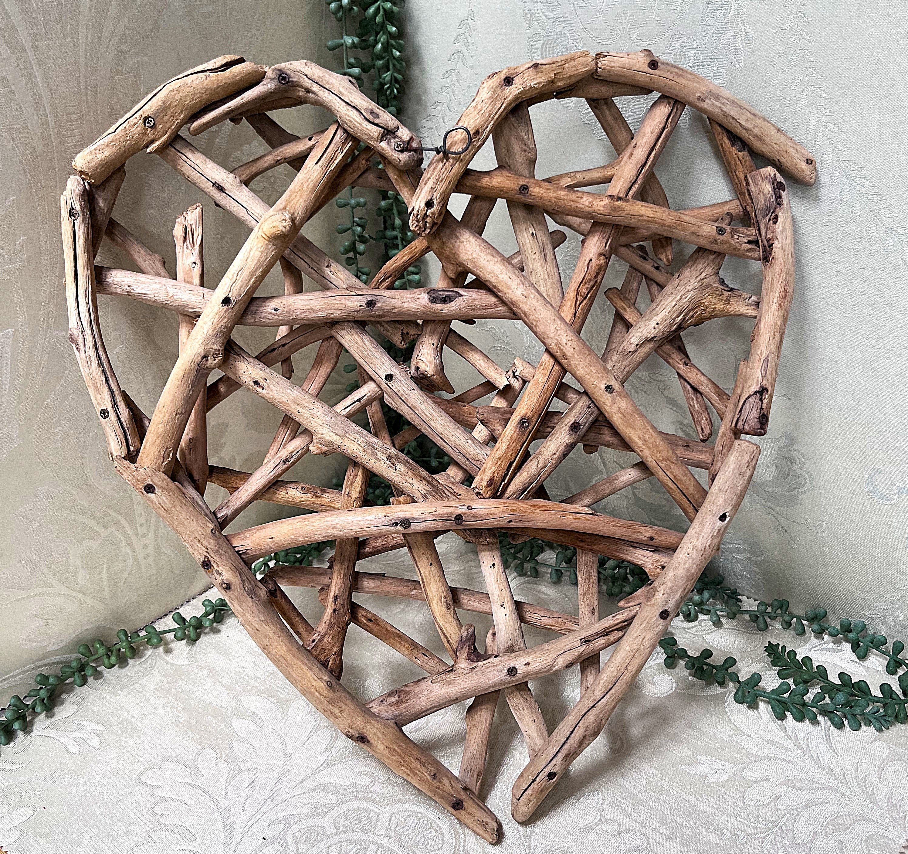 Wood Décor: Driftwood Heart Shaped Hand-Woven Coastal Driftwood Wall Sculpture