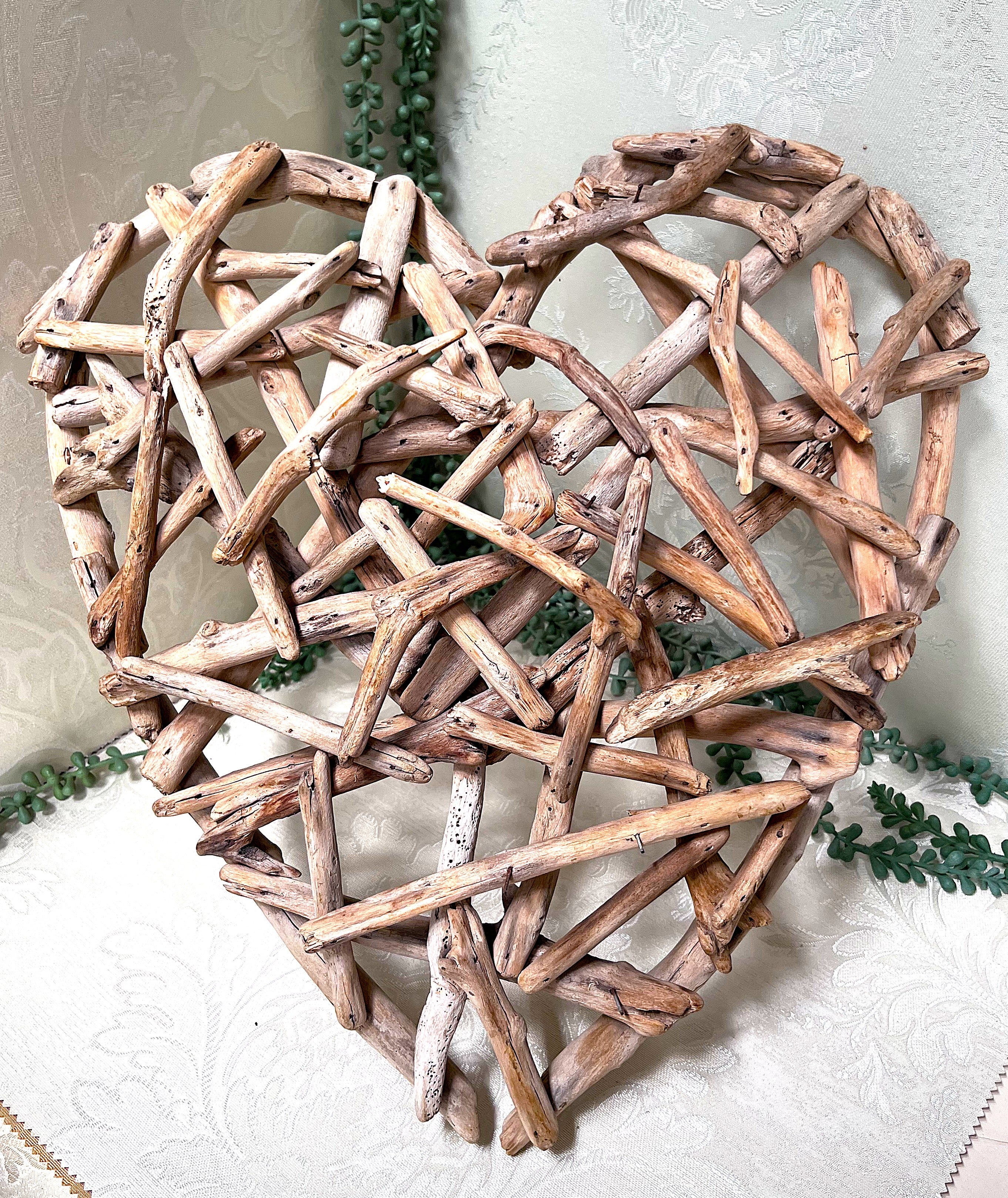 Wood Décor: Driftwood Heart Shaped Hand-Woven Coastal Driftwood Wall Sculpture