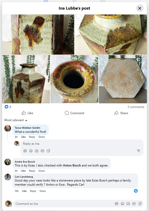 Master Potter: Esias Bosch - Hexagonal Studio Pottery Stoneware Vase