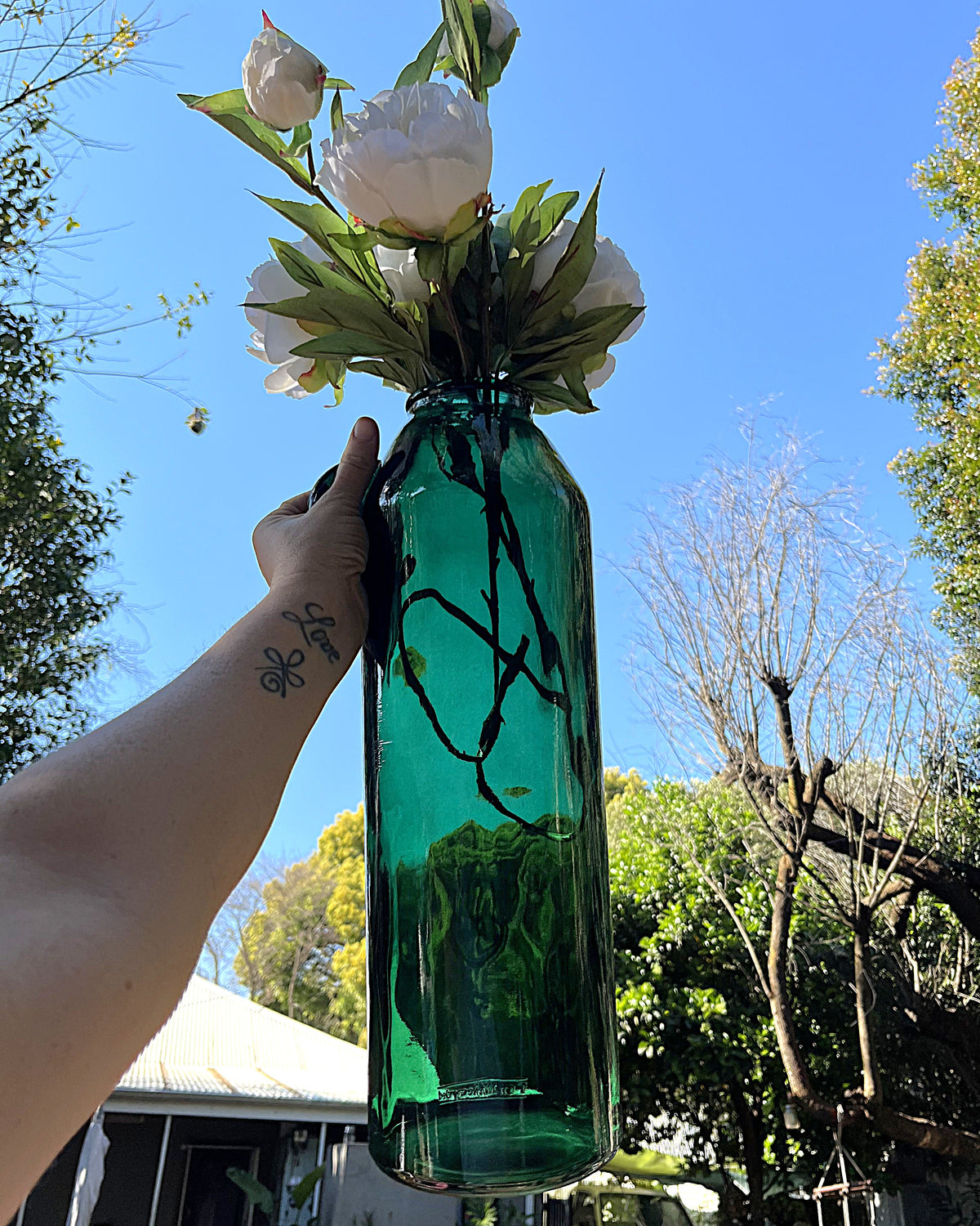 Vases: Vintage Recycled Forest Green Demijohn Handle Vase