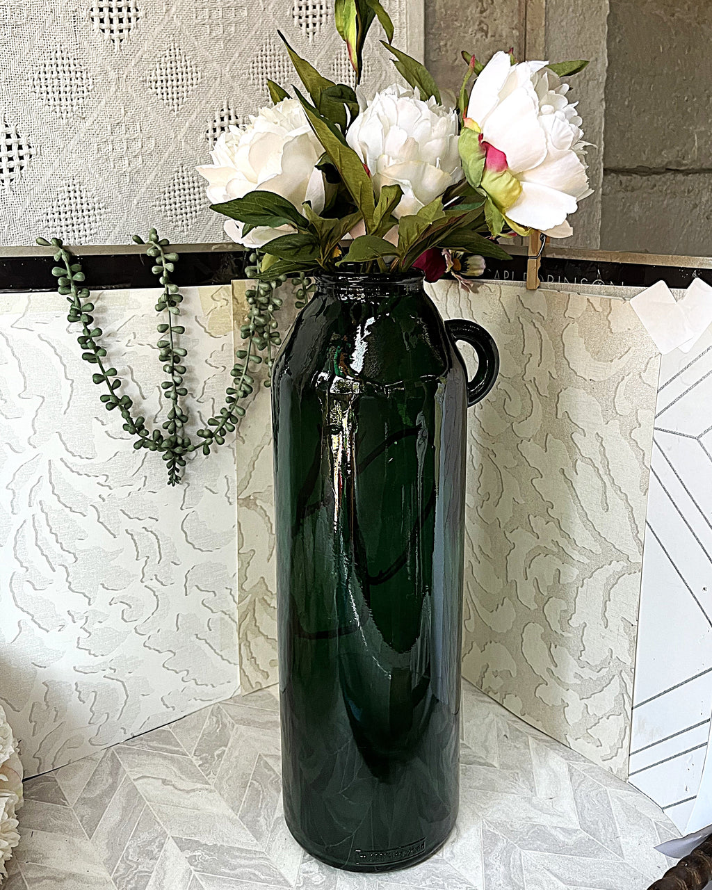 Vases: Vintage Recycled Forest Green Demijohn Handle Vase