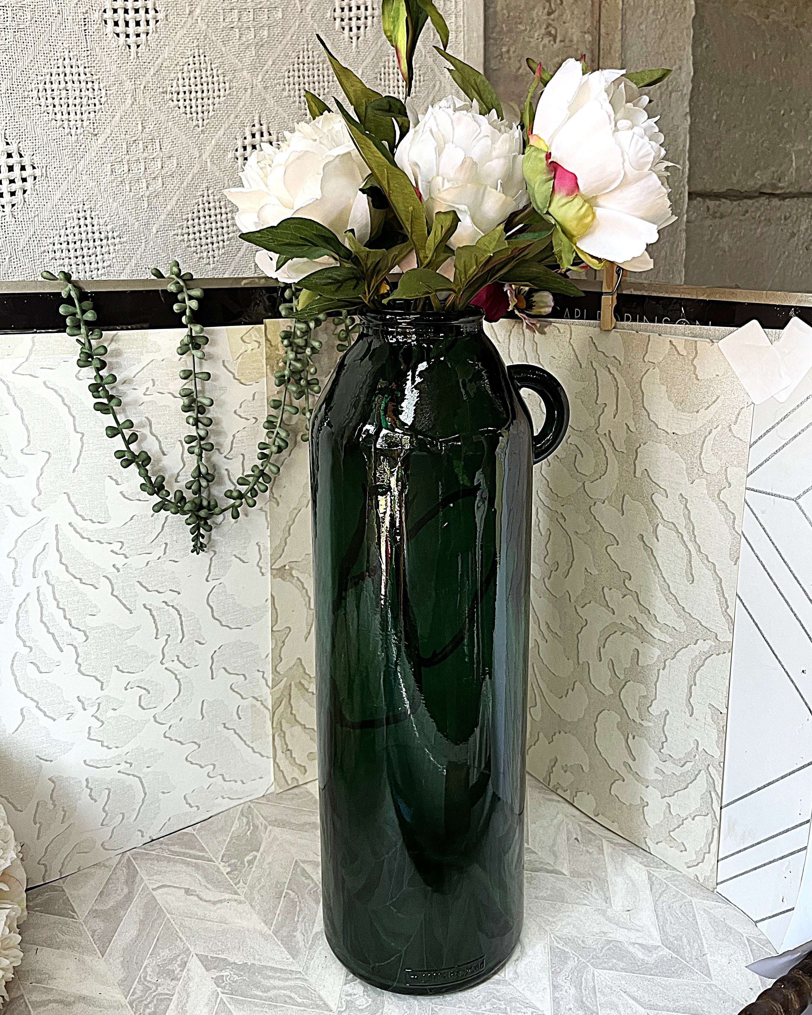 Vases: Vintage Recycled Forest Green Demijohn Handle Vase