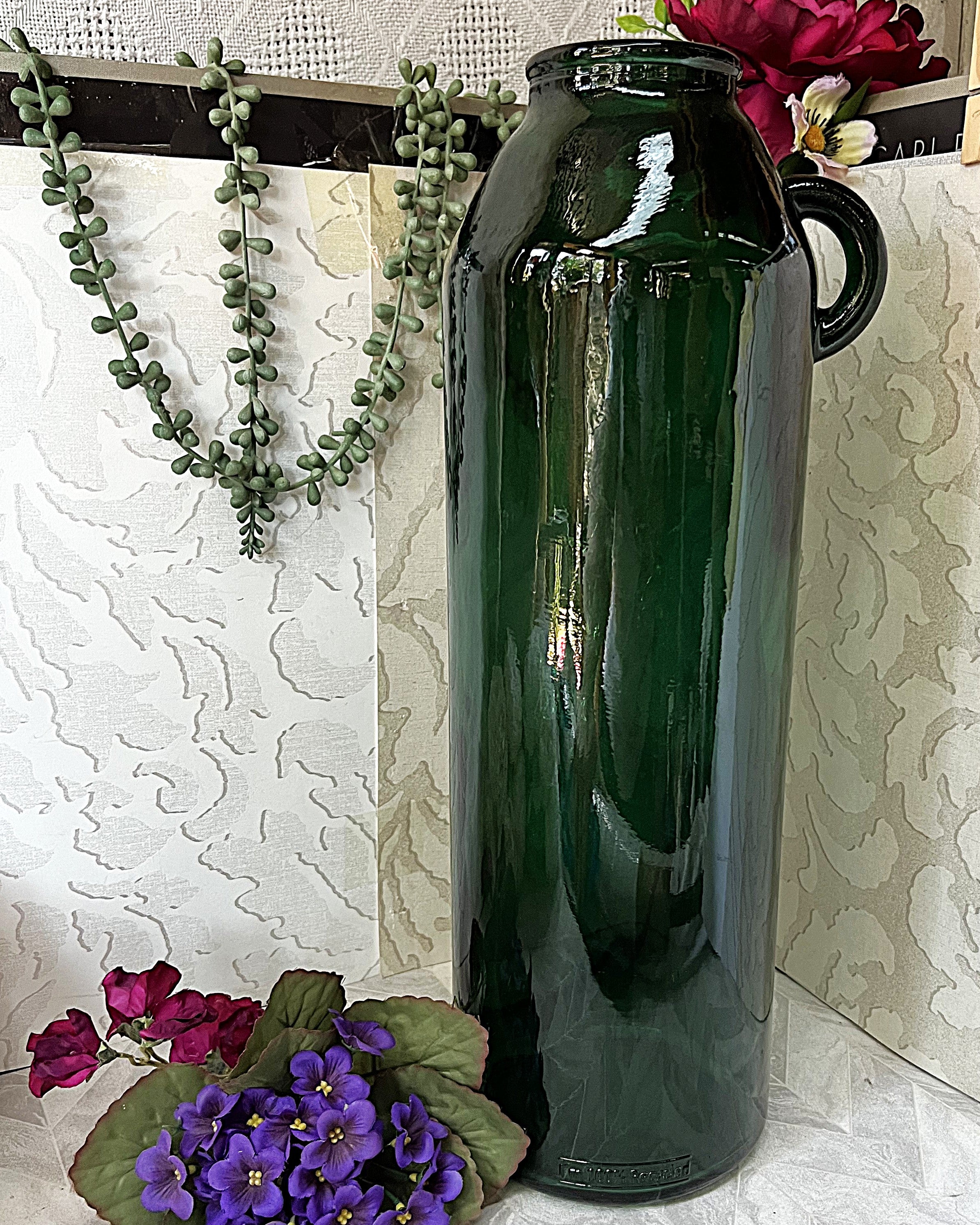Vases: Vintage Recycled Forest Green Demijohn Handle Vase
