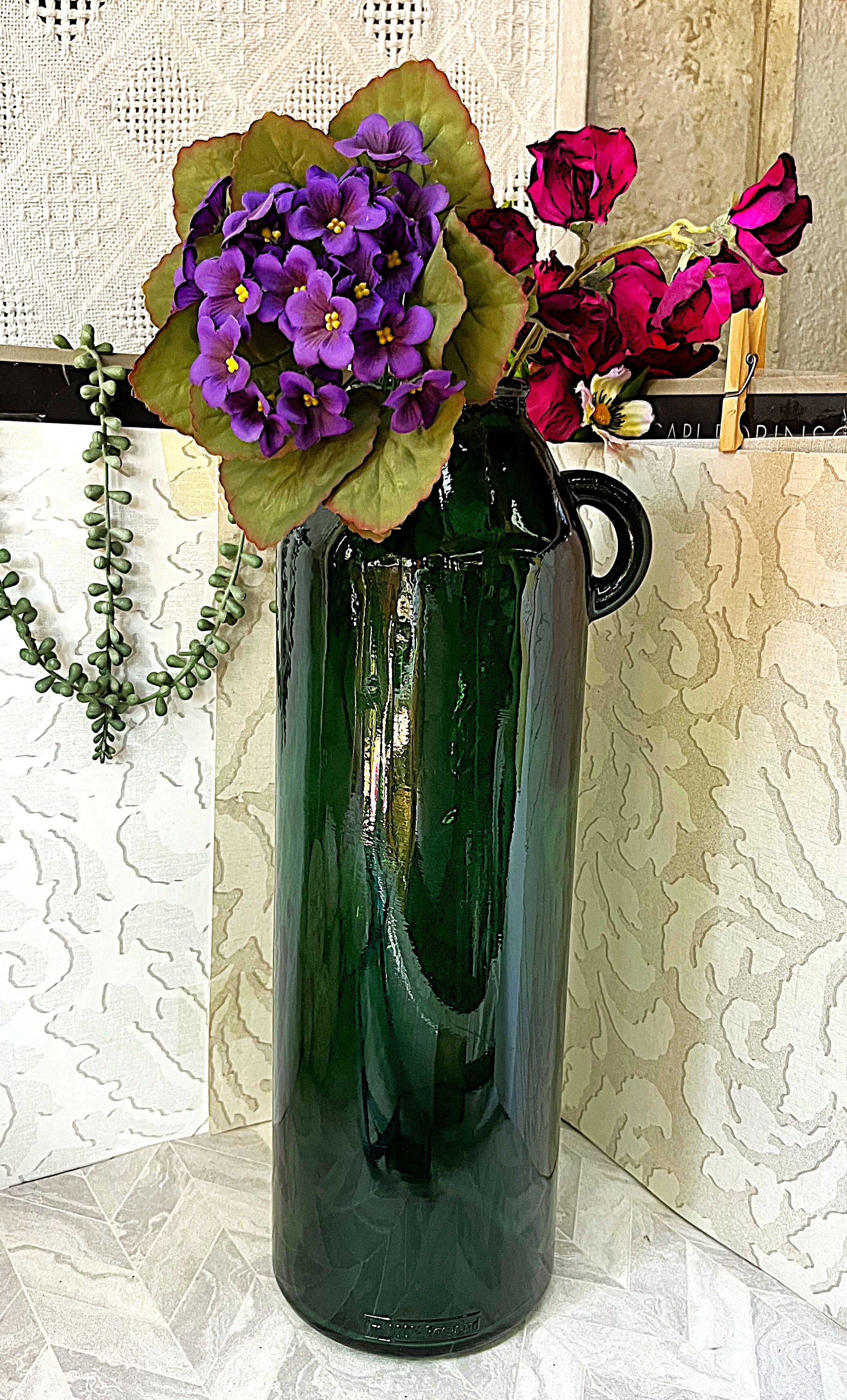 Vases: Vintage Recycled Forest Green Demijohn Handle Vase